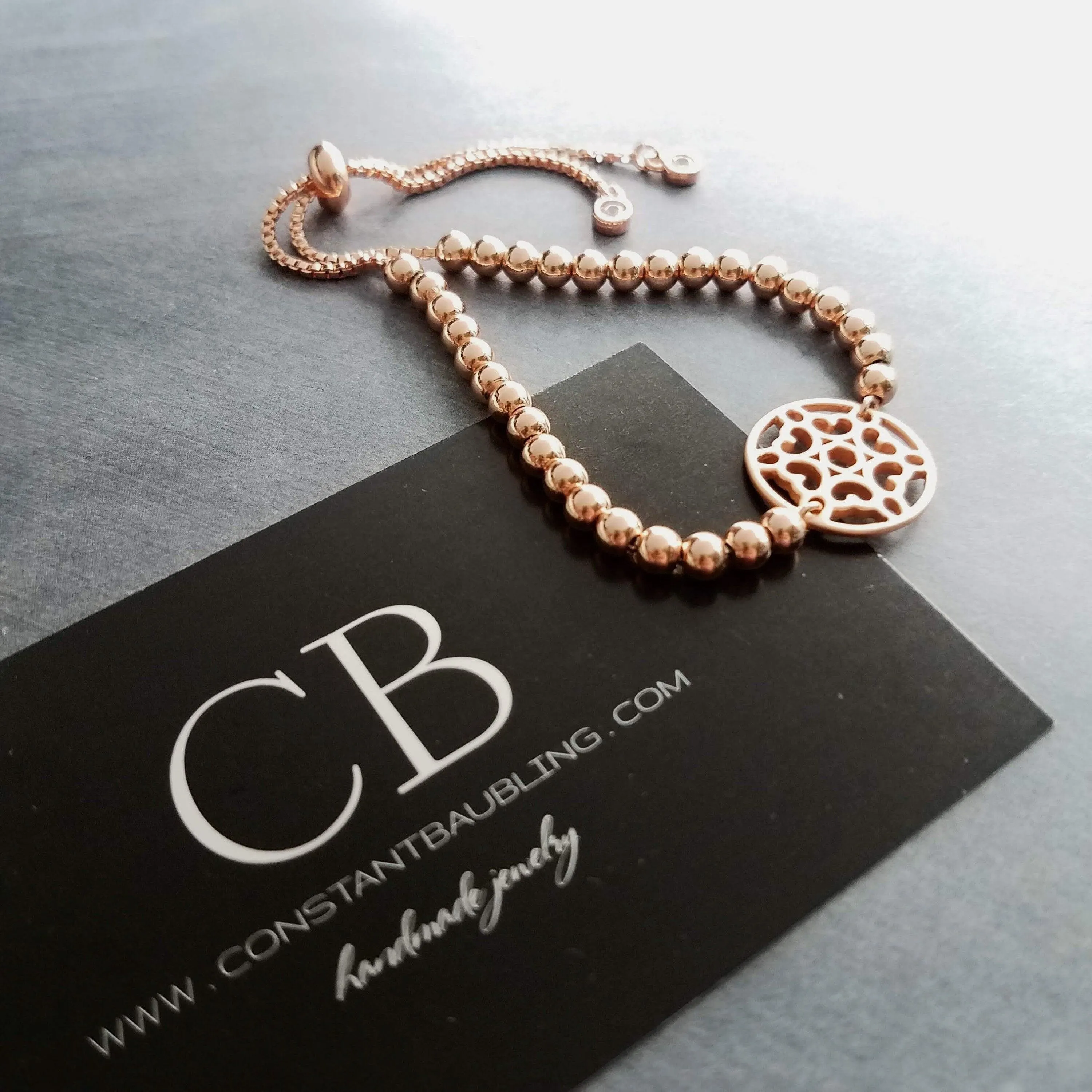 Beaded Rose Gold Bracelet, heart medallion, bead bracelet, adjustable chain bracelet, rose gold mandala, mandala bracelet, rose gold heart