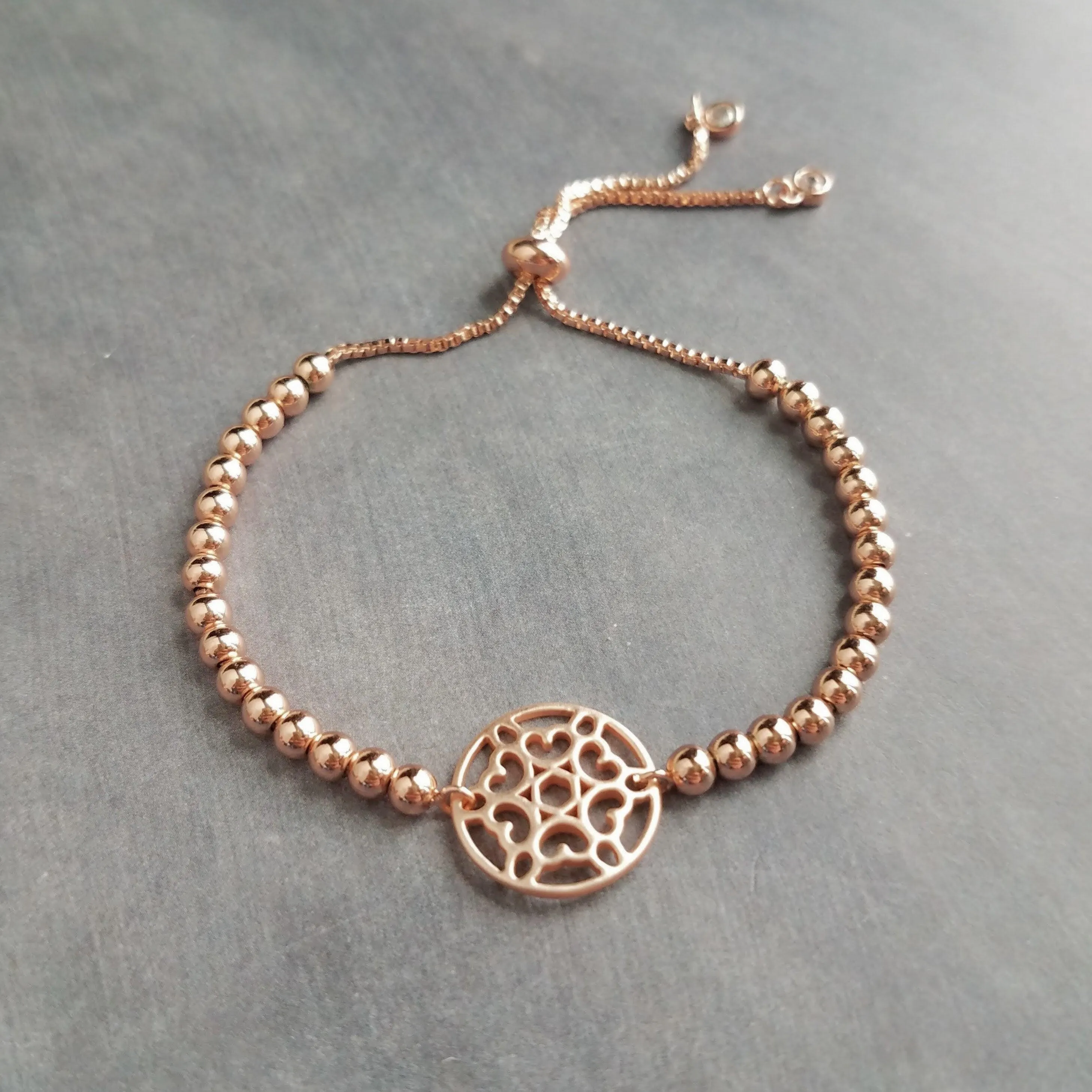 Beaded Rose Gold Bracelet, heart medallion, bead bracelet, adjustable chain bracelet, rose gold mandala, mandala bracelet, rose gold heart