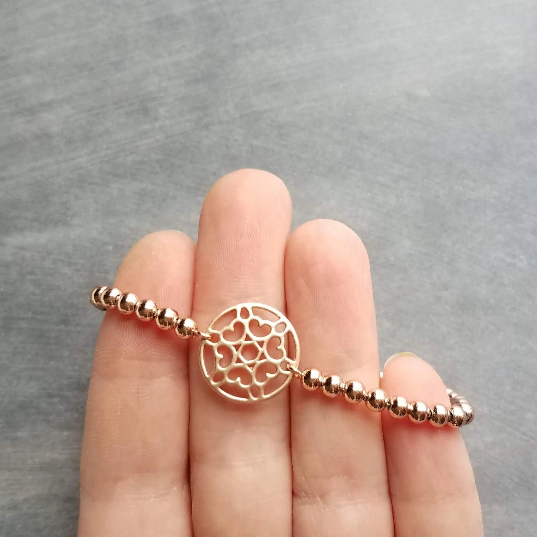Beaded Rose Gold Bracelet, heart medallion, bead bracelet, adjustable chain bracelet, rose gold mandala, mandala bracelet, rose gold heart