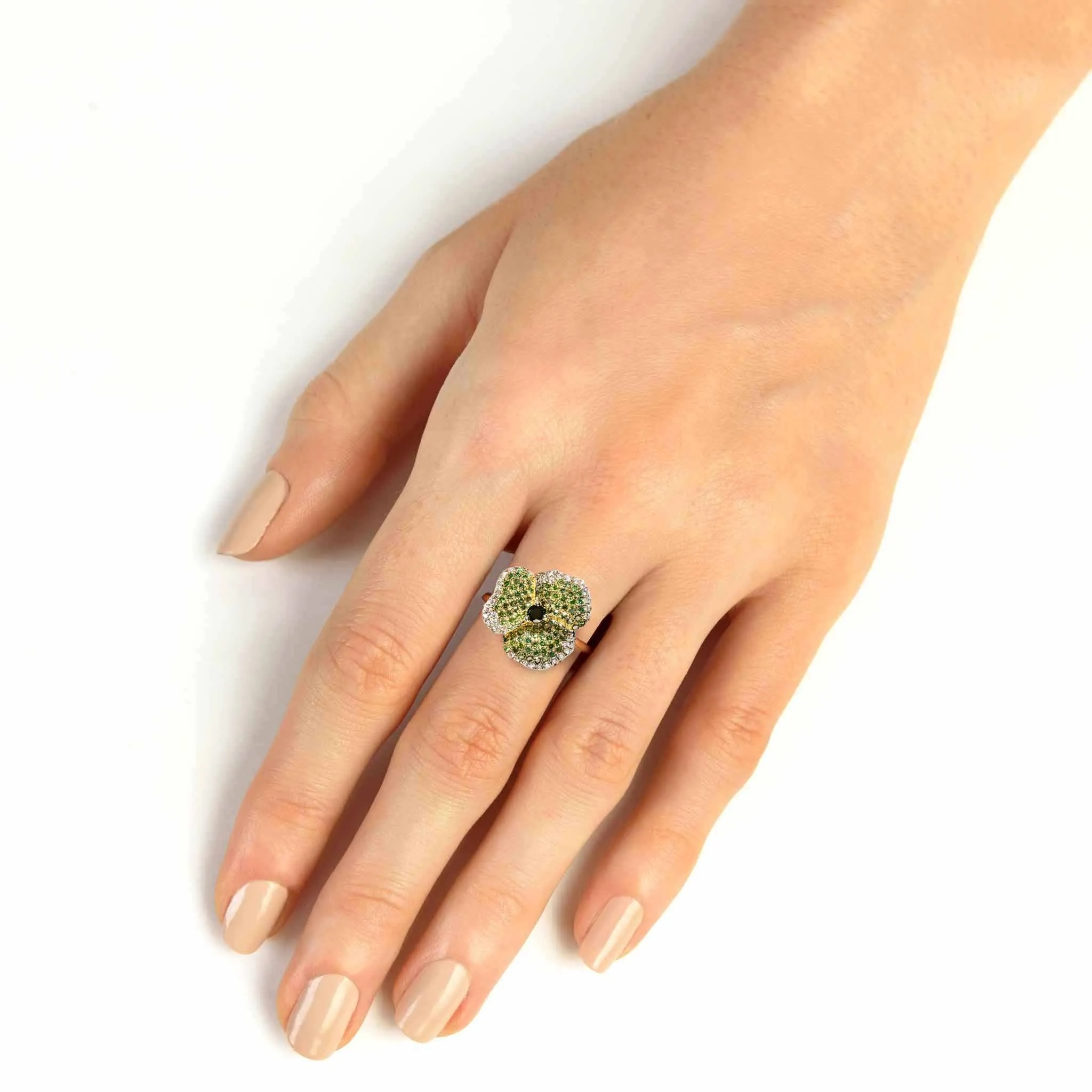 Bloom Small Flower Green Diamonds Ring in Yellow Gold