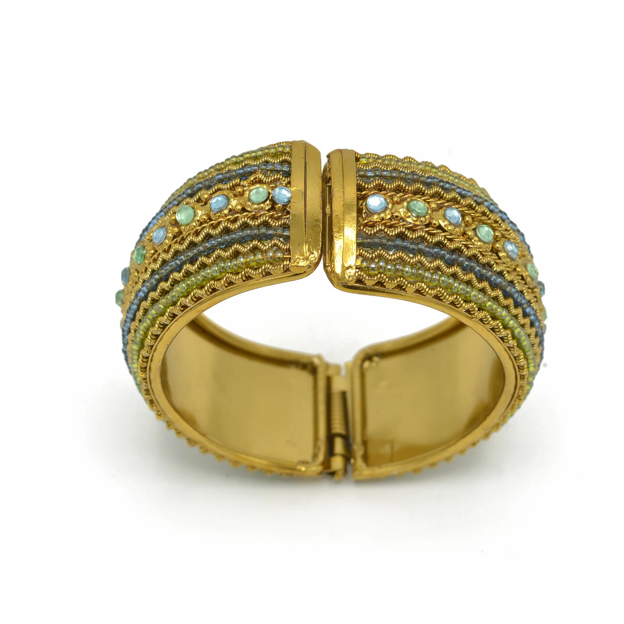Blue and Green Rhinestone and Seed Beads Boho Style Hinged Bracelet #FW-VB06J0248BLUE