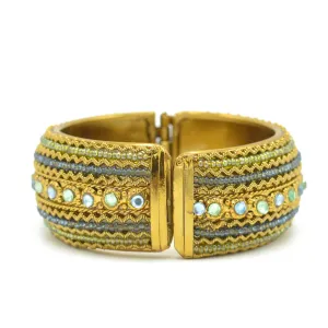Blue and Green Rhinestone and Seed Beads Boho Style Hinged Bracelet #FW-VB06J0248BLUE