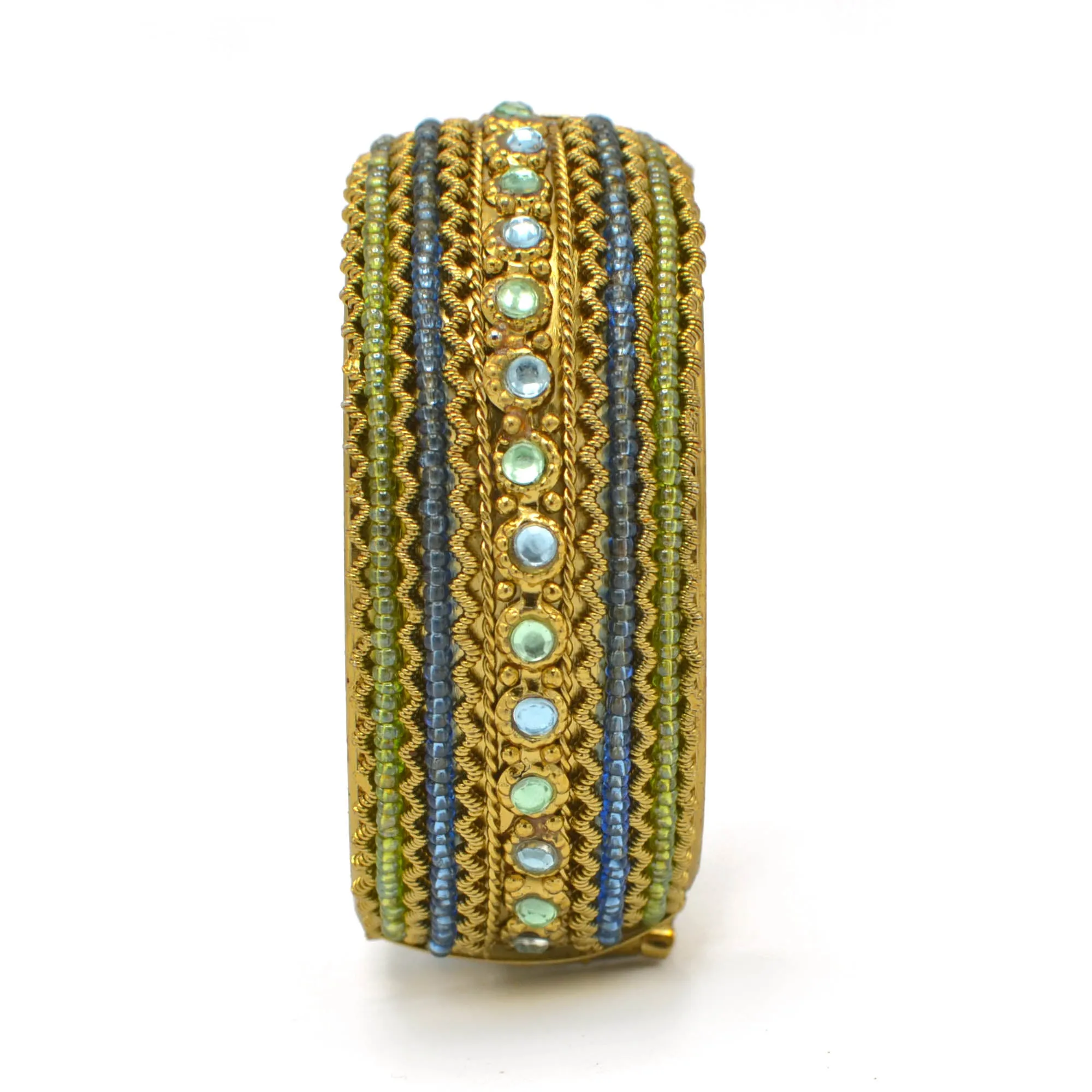 Blue and Green Rhinestone and Seed Beads Boho Style Hinged Bracelet #FW-VB06J0248BLUE