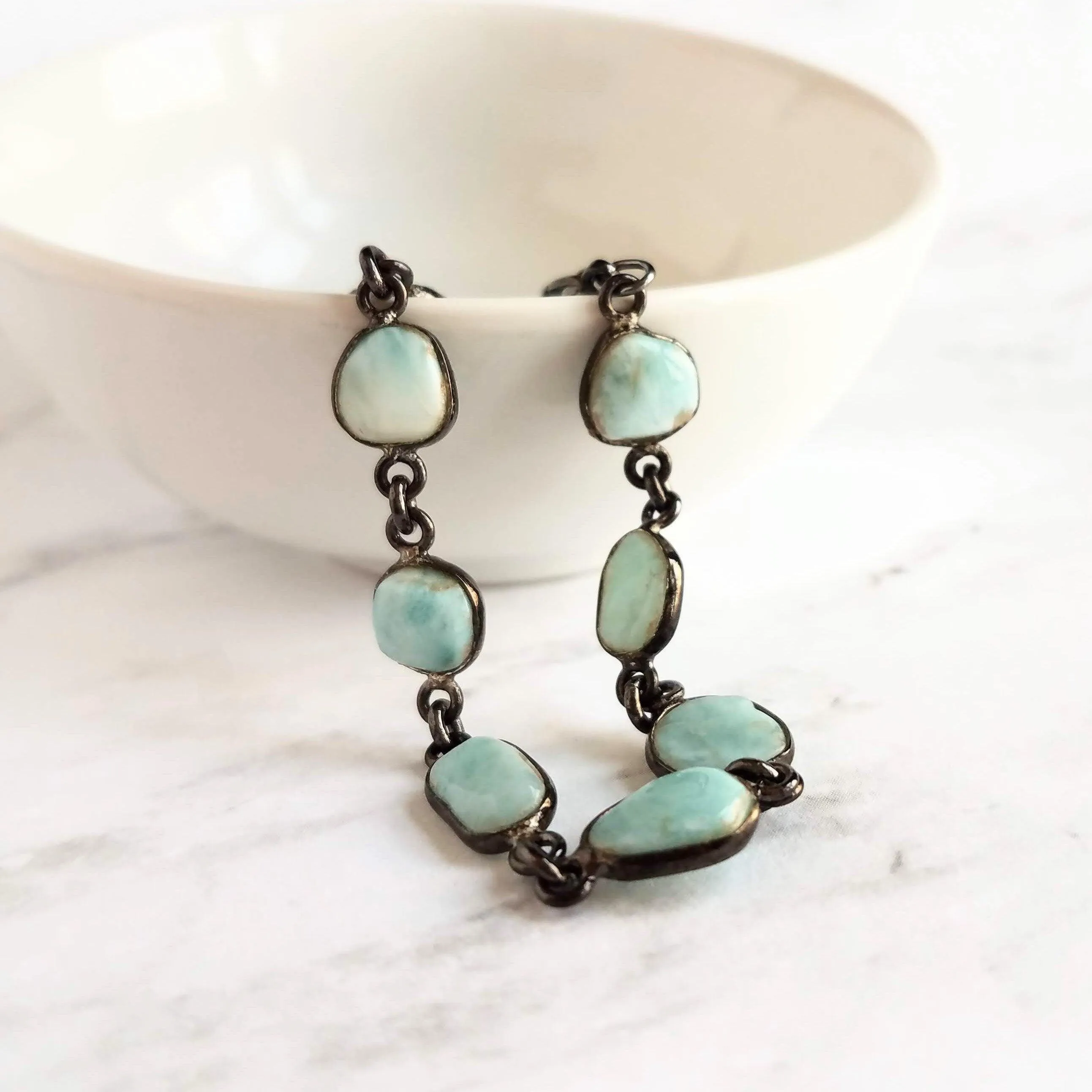 Blue Larimar Bracelet - shiny black gunmetal bezel frames, small organically shaped oval gemstones, aqua genuine stone adjustable chain