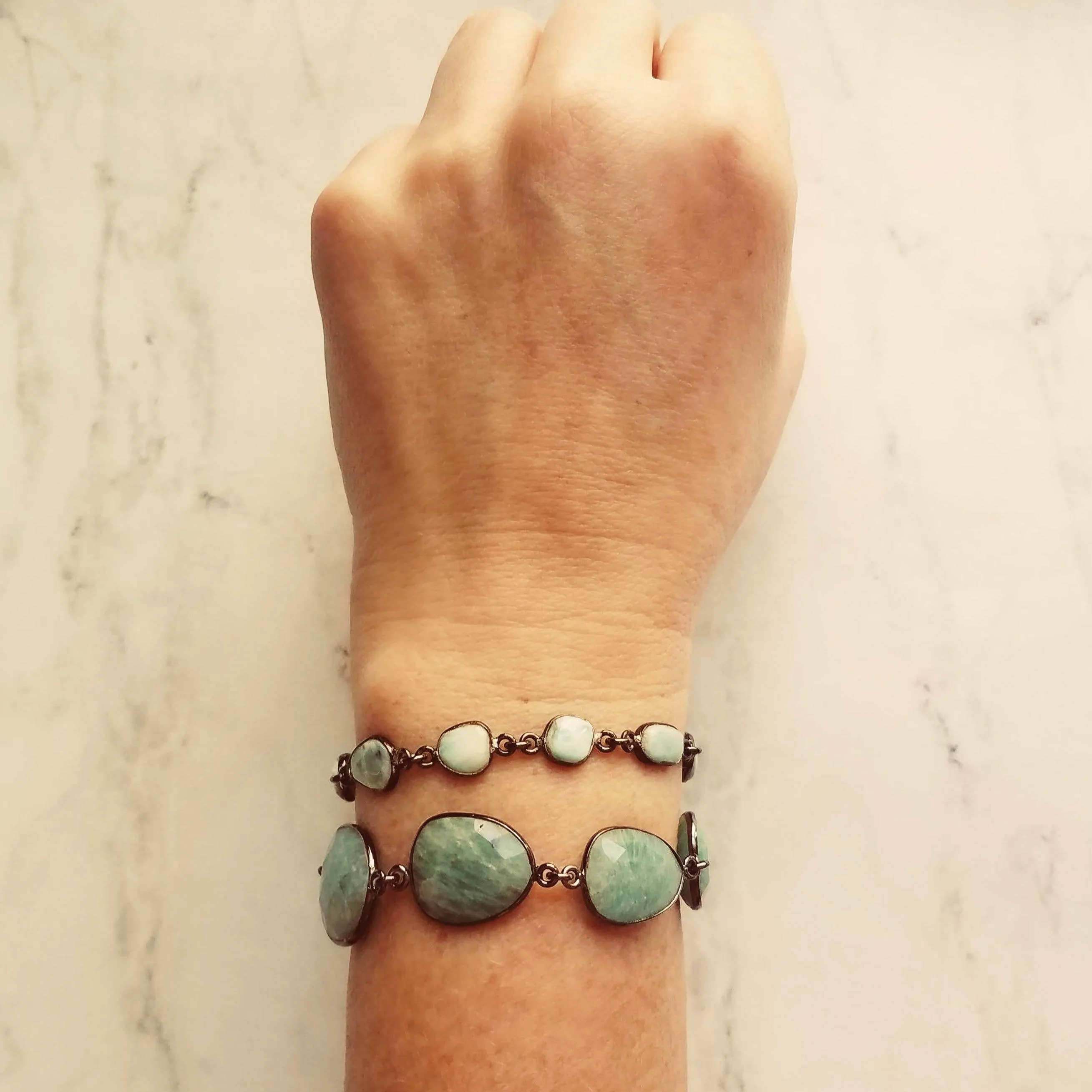 Blue Larimar Bracelet - shiny black gunmetal bezel frames, small organically shaped oval gemstones, aqua genuine stone adjustable chain