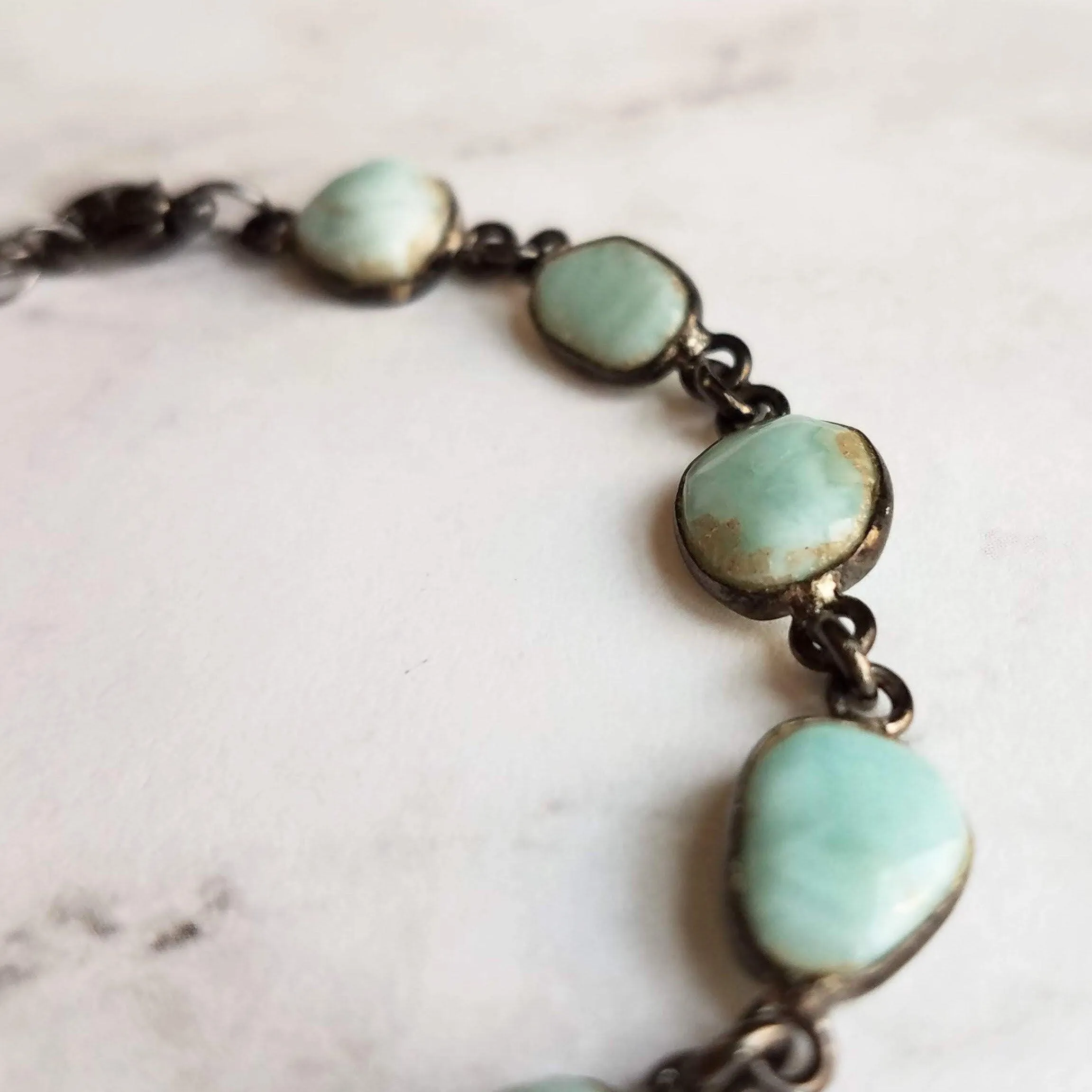 Blue Larimar Bracelet - shiny black gunmetal bezel frames, small organically shaped oval gemstones, aqua genuine stone adjustable chain