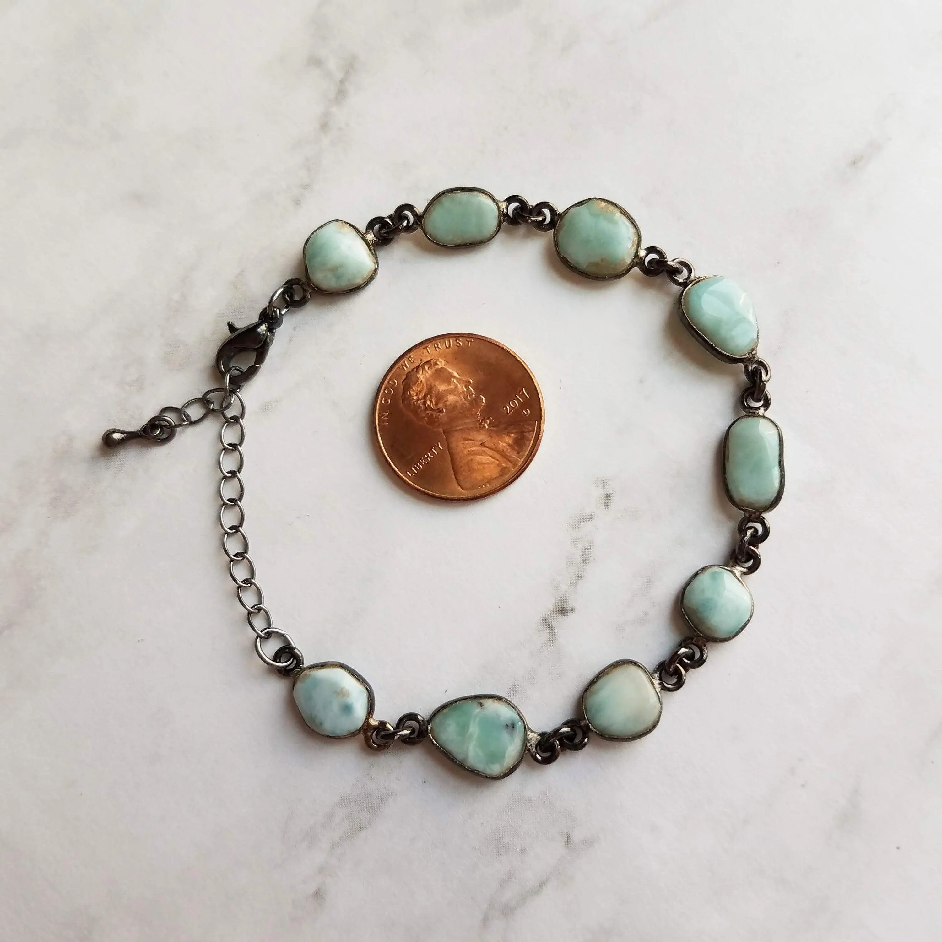 Blue Larimar Bracelet - shiny black gunmetal bezel frames, small organically shaped oval gemstones, aqua genuine stone adjustable chain