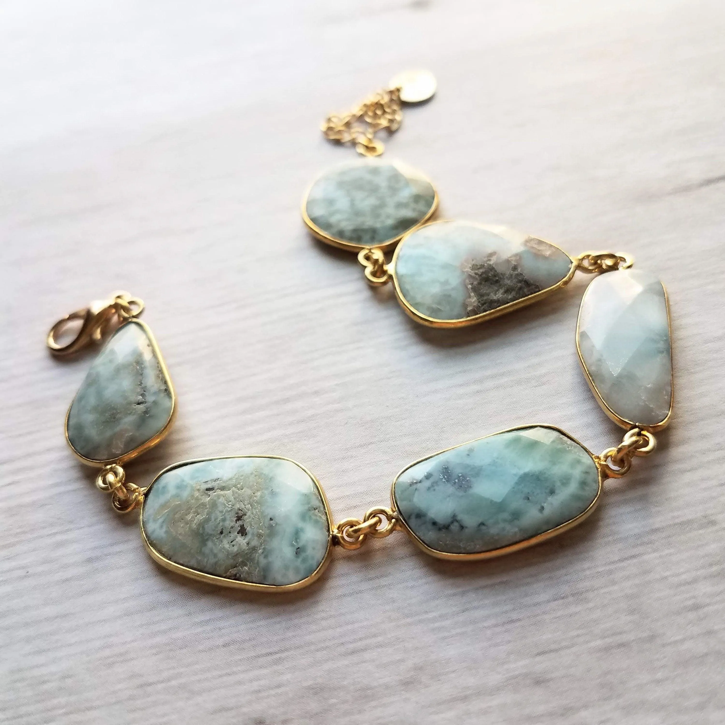 Blue Stone Bracelet - genuine Larimar gemstones in 14k gold plate bezel frame & adjustable chain - sky powder baby blue oblong facet cut