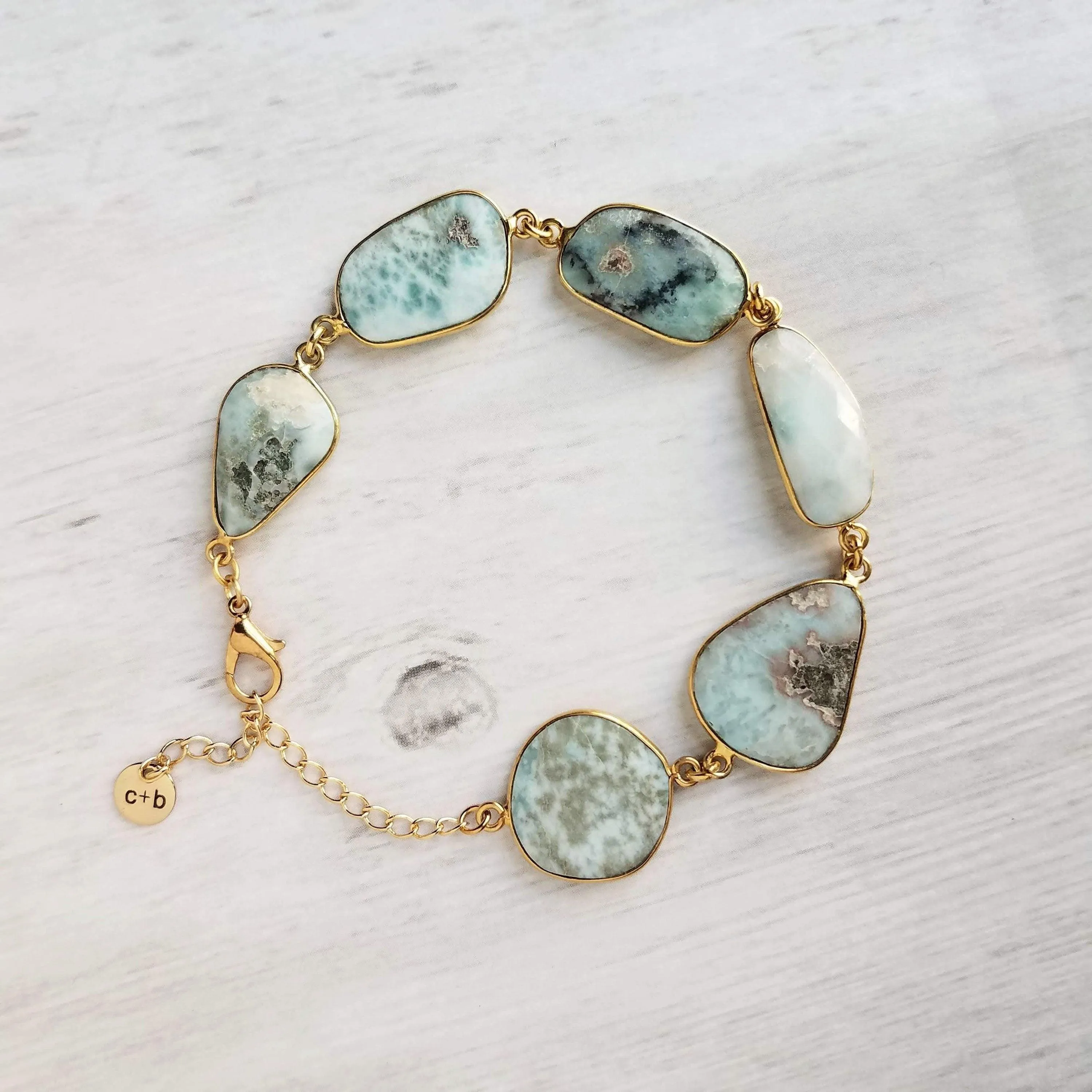 Blue Stone Bracelet - genuine Larimar gemstones in 14k gold plate bezel frame & adjustable chain - sky powder baby blue oblong facet cut