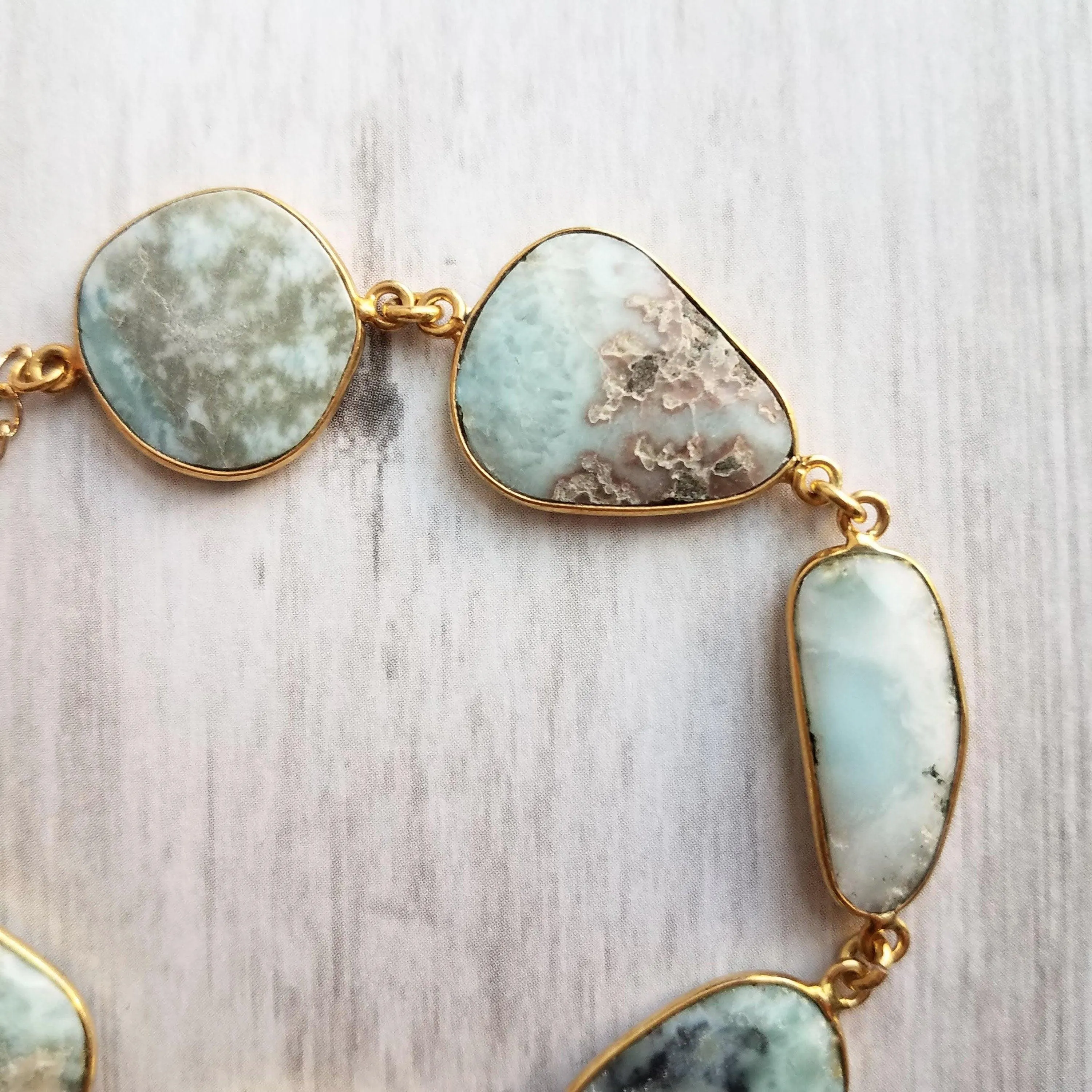 Blue Stone Bracelet - genuine Larimar gemstones in 14k gold plate bezel frame & adjustable chain - sky powder baby blue oblong facet cut