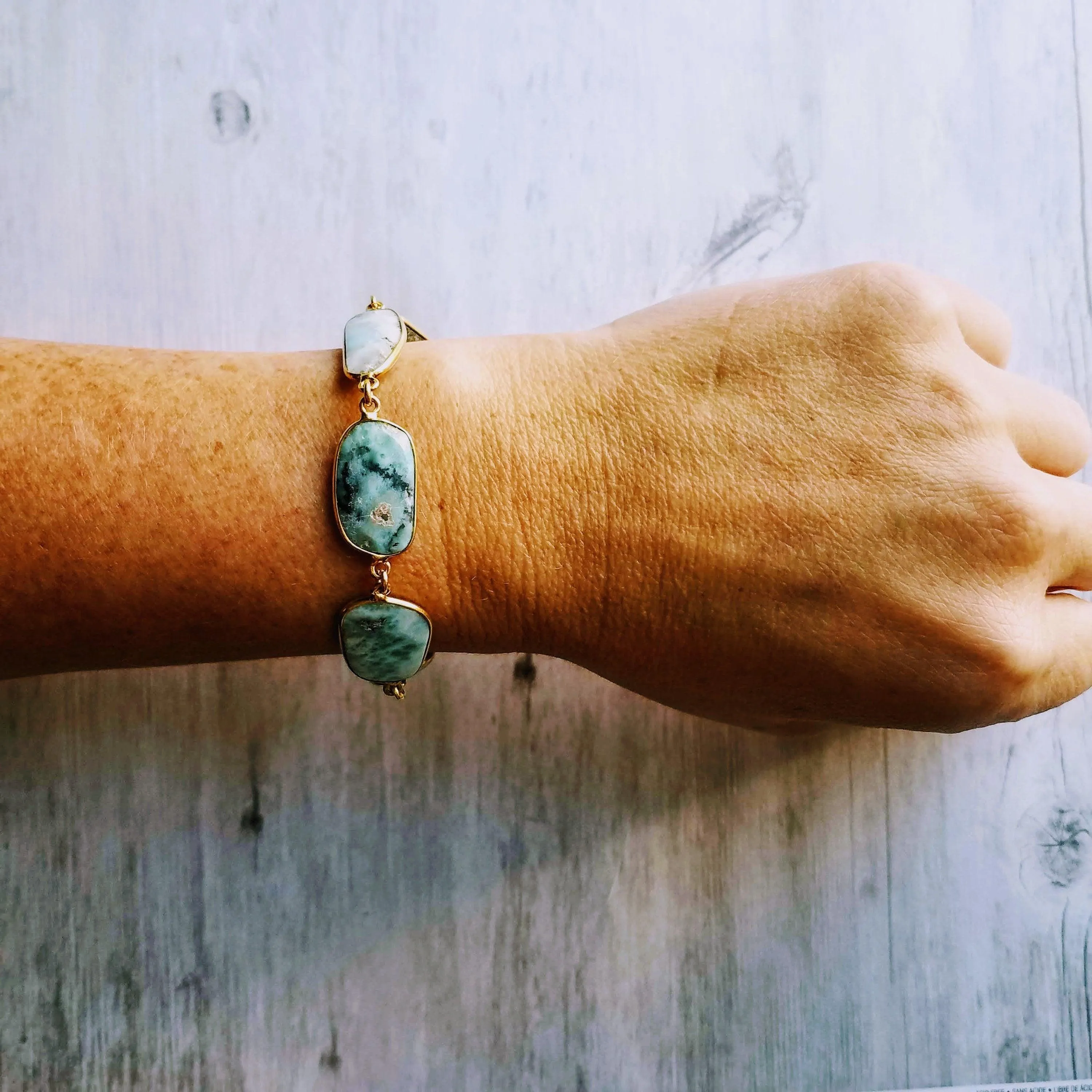 Blue Stone Bracelet - genuine Larimar gemstones in 14k gold plate bezel frame & adjustable chain - sky powder baby blue oblong facet cut