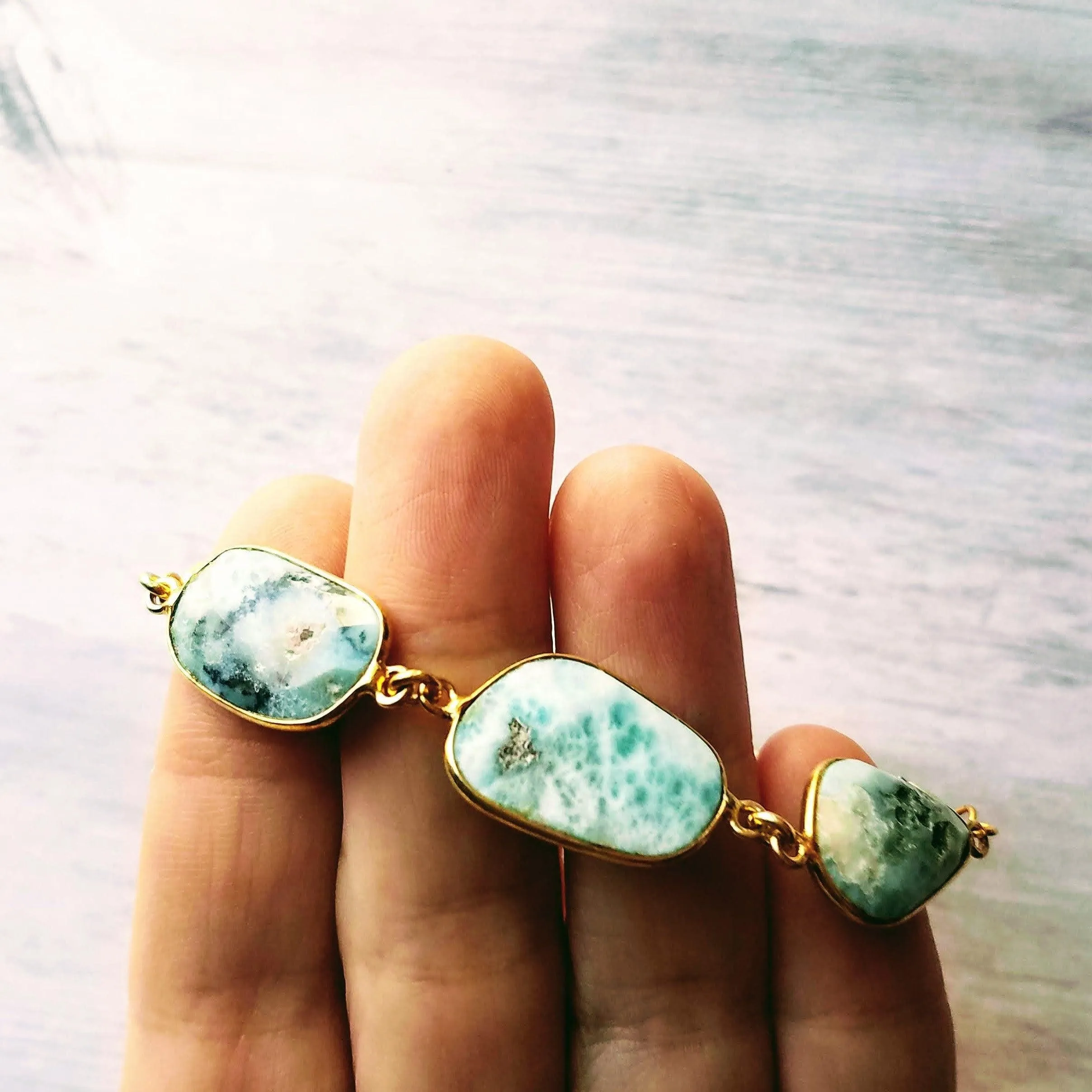 Blue Stone Bracelet - genuine Larimar gemstones in 14k gold plate bezel frame & adjustable chain - sky powder baby blue oblong facet cut