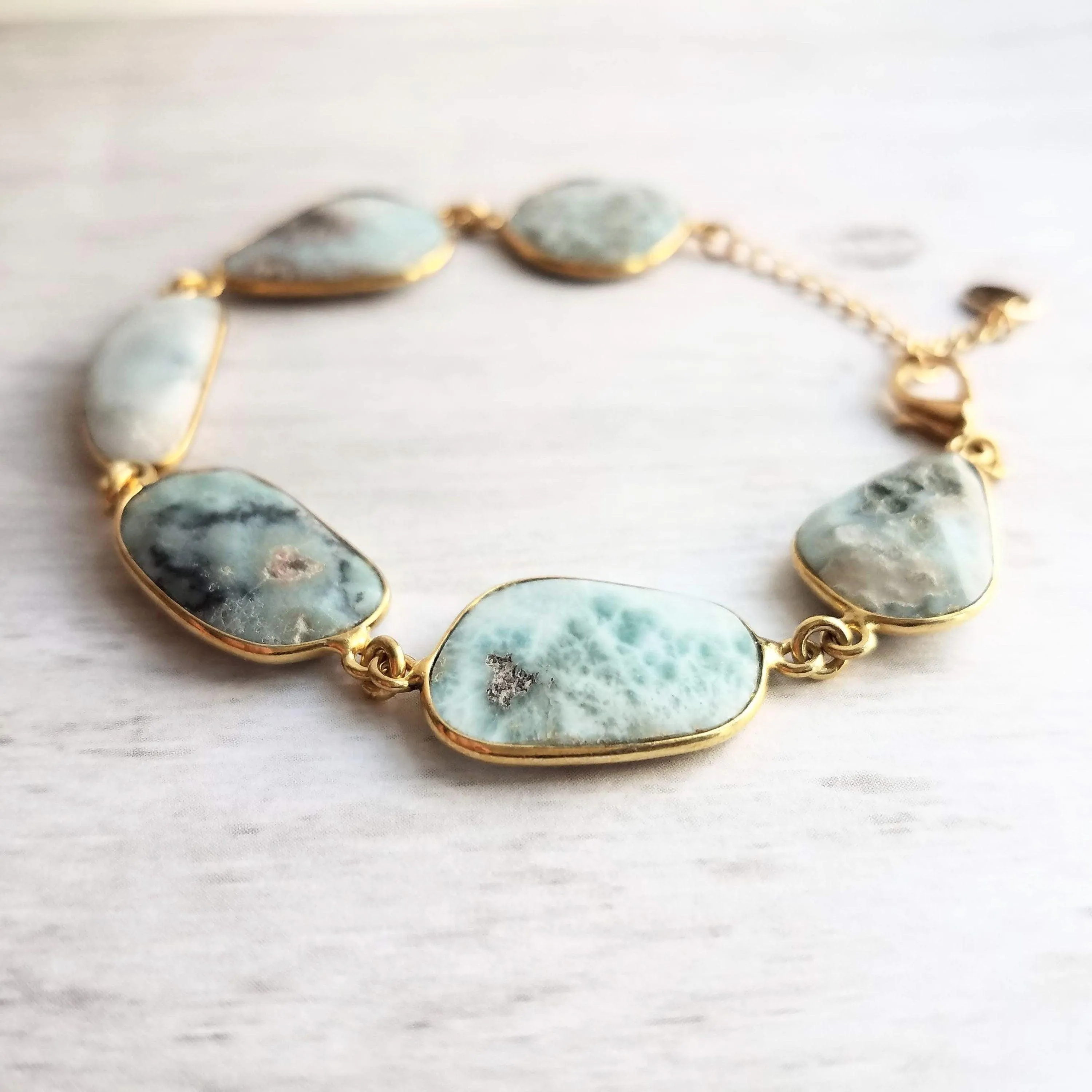 Blue Stone Bracelet - genuine Larimar gemstones in 14k gold plate bezel frame & adjustable chain - sky powder baby blue oblong facet cut
