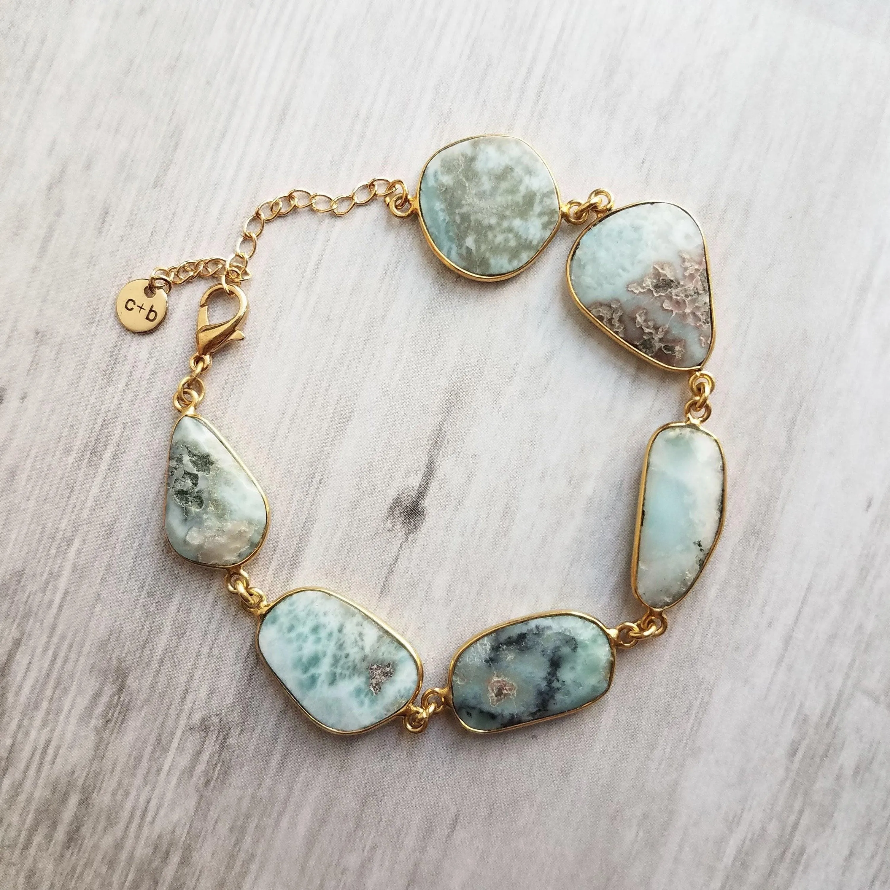 Blue Stone Bracelet - genuine Larimar gemstones in 14k gold plate bezel frame & adjustable chain - sky powder baby blue oblong facet cut