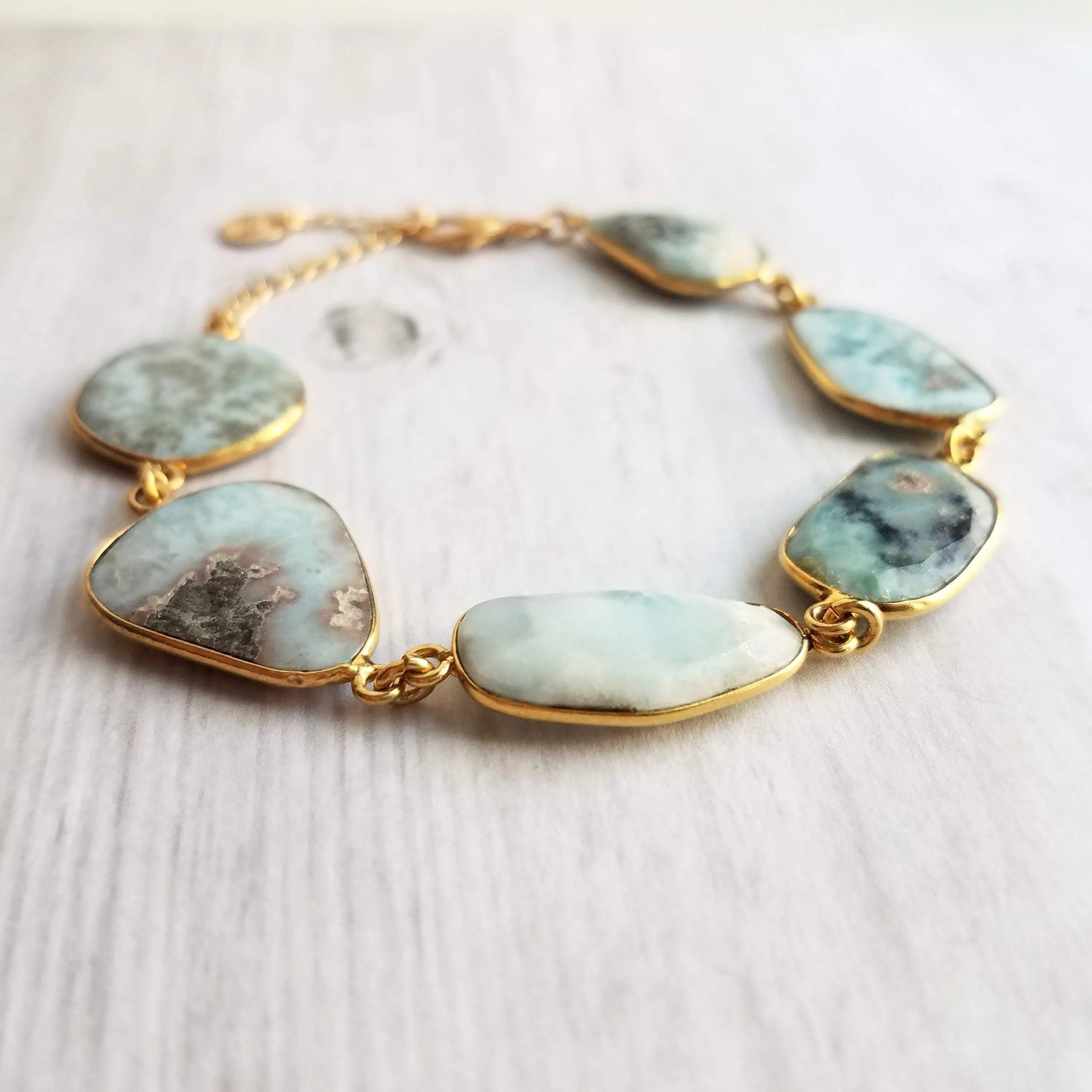 Blue Stone Bracelet - genuine Larimar gemstones in 14k gold plate bezel frame & adjustable chain - sky powder baby blue oblong facet cut