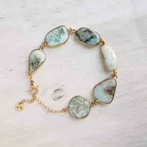Blue Stone Bracelet - genuine Larimar gemstones in 14k gold plate bezel frame & adjustable chain - sky powder baby blue oblong facet cut