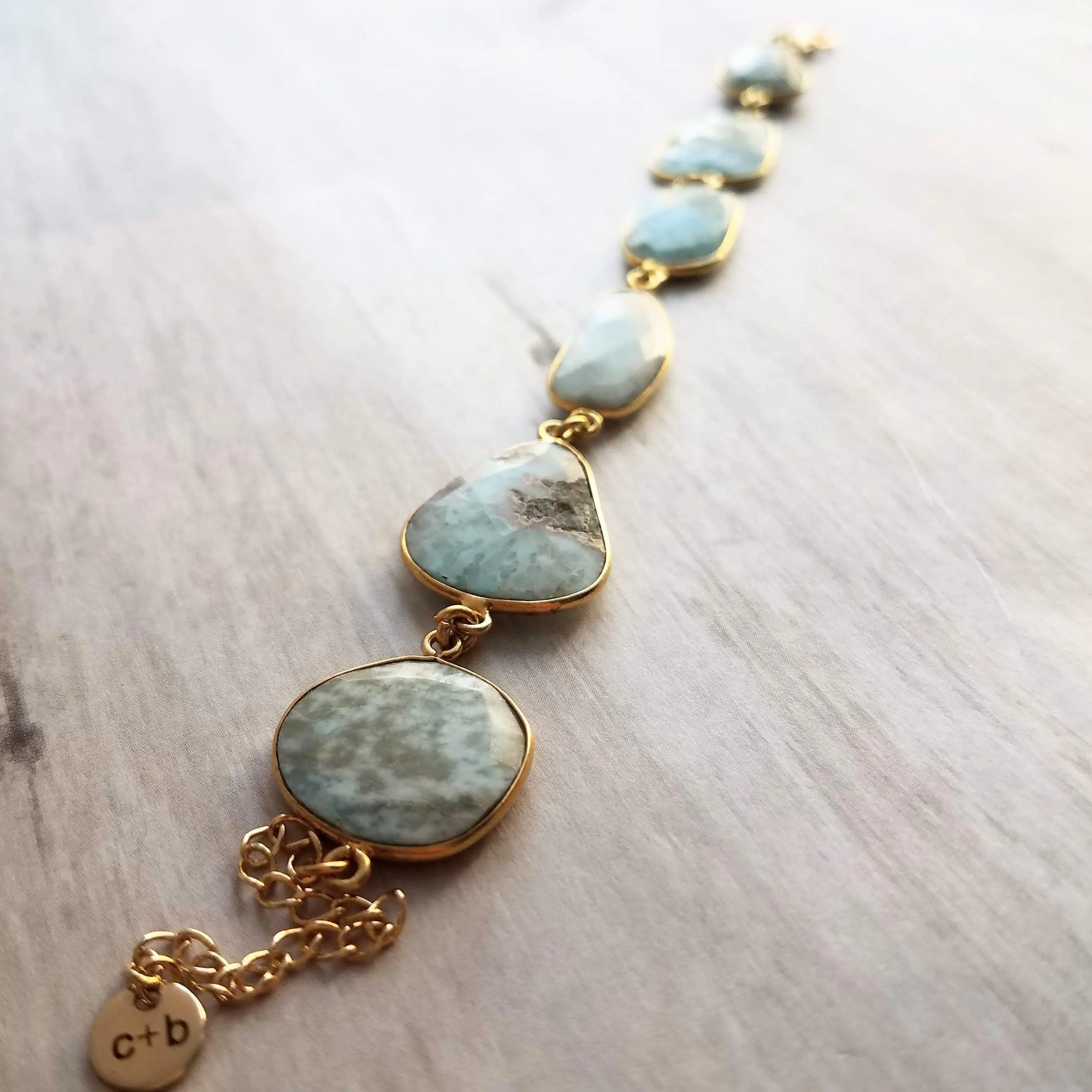 Blue Stone Bracelet - genuine Larimar gemstones in 14k gold plate bezel frame & adjustable chain - sky powder baby blue oblong facet cut