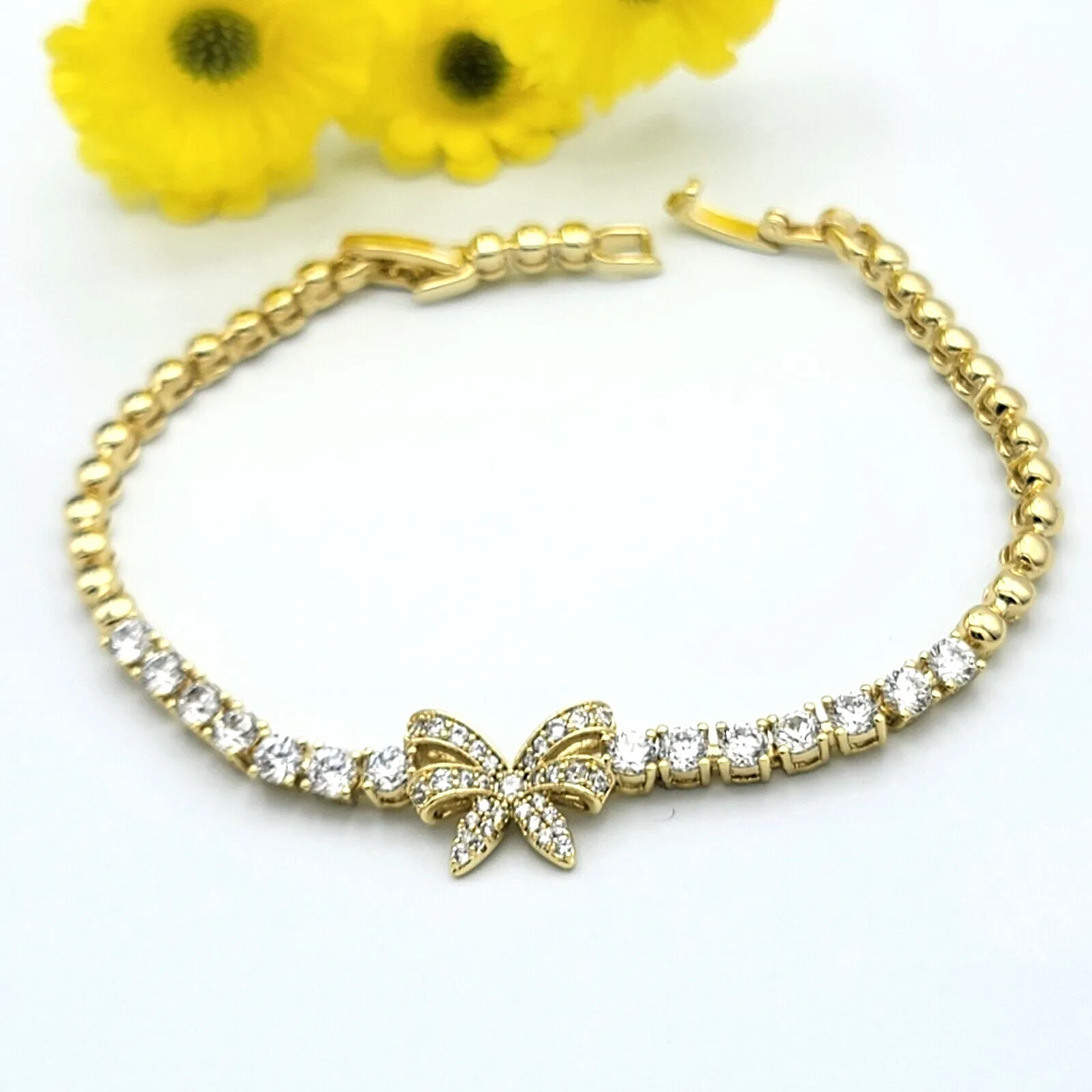 Bracelets - 14K Gold Plated. Clear Crystals Bow Gift Bracelet. Cute Elegant