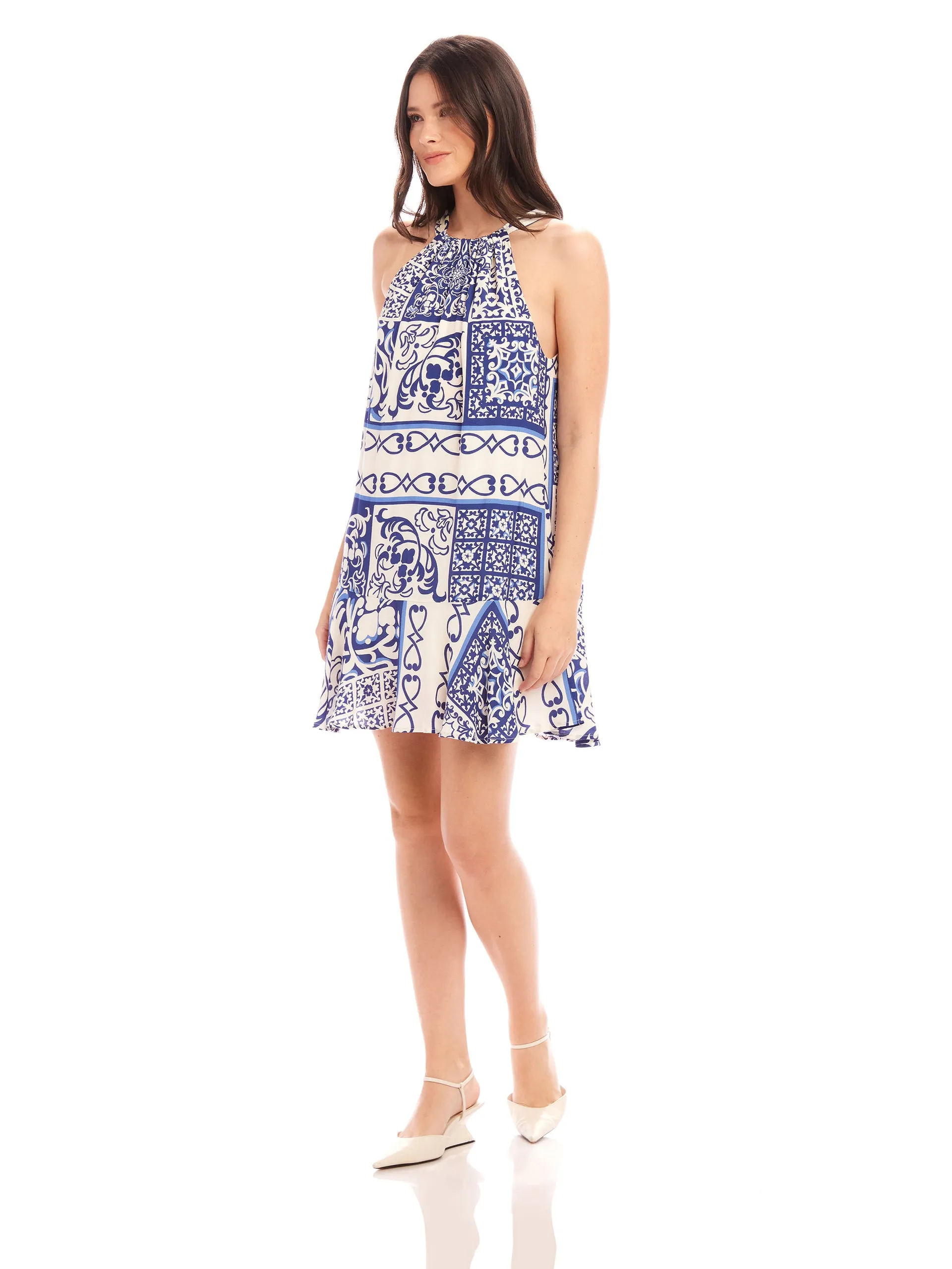 BRENDA RUFFLE HEM PRINTED DRESS - CAPRI BLUE