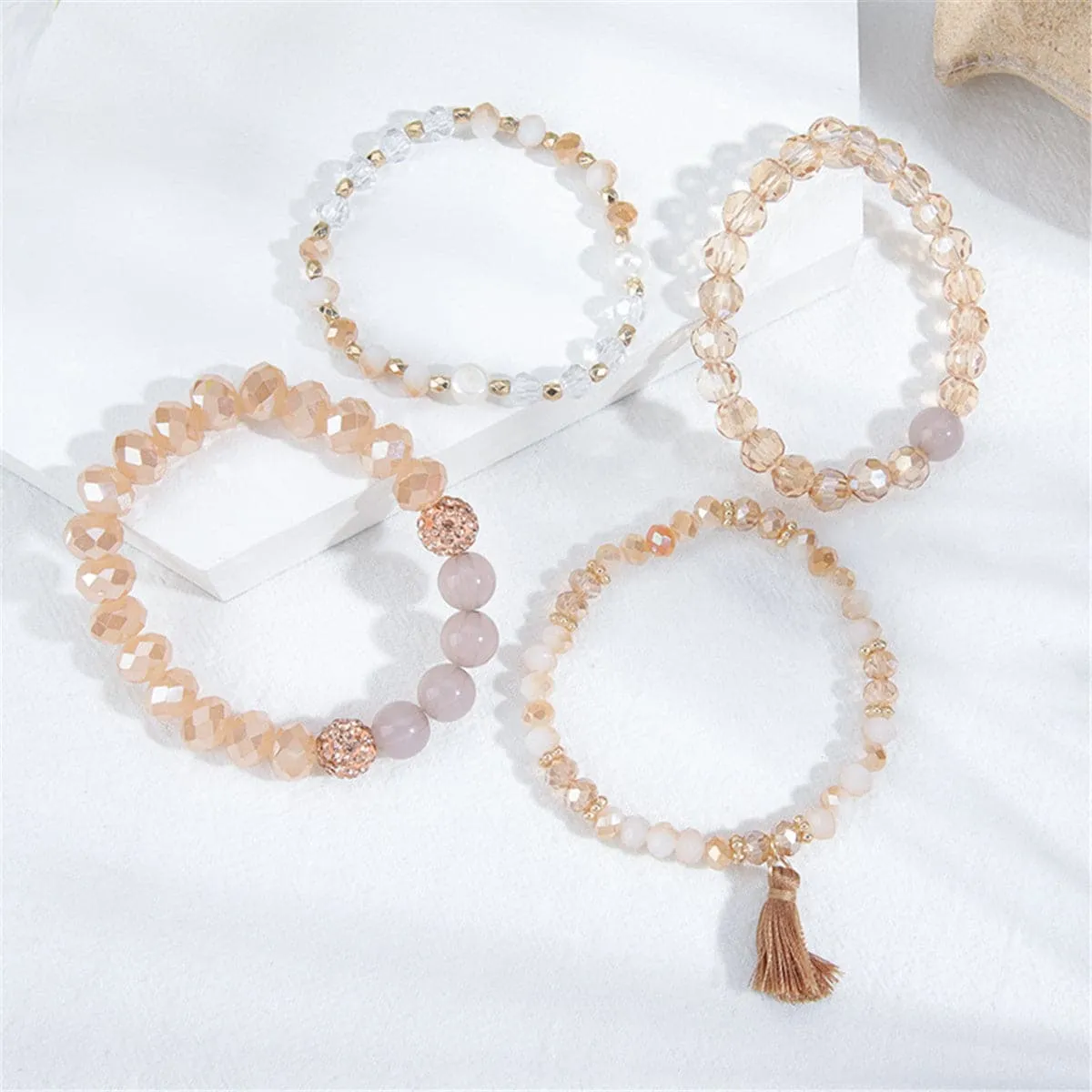 Champagne Resin & Cubic Zirconia 18K Gold-Plated Beaded Stretch Bracelet Set