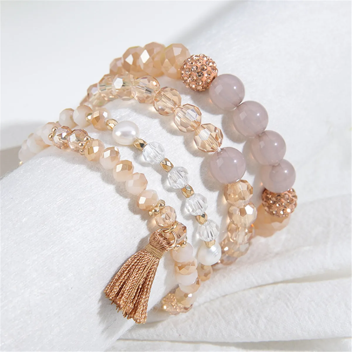 Champagne Resin & Cubic Zirconia 18K Gold-Plated Beaded Stretch Bracelet Set