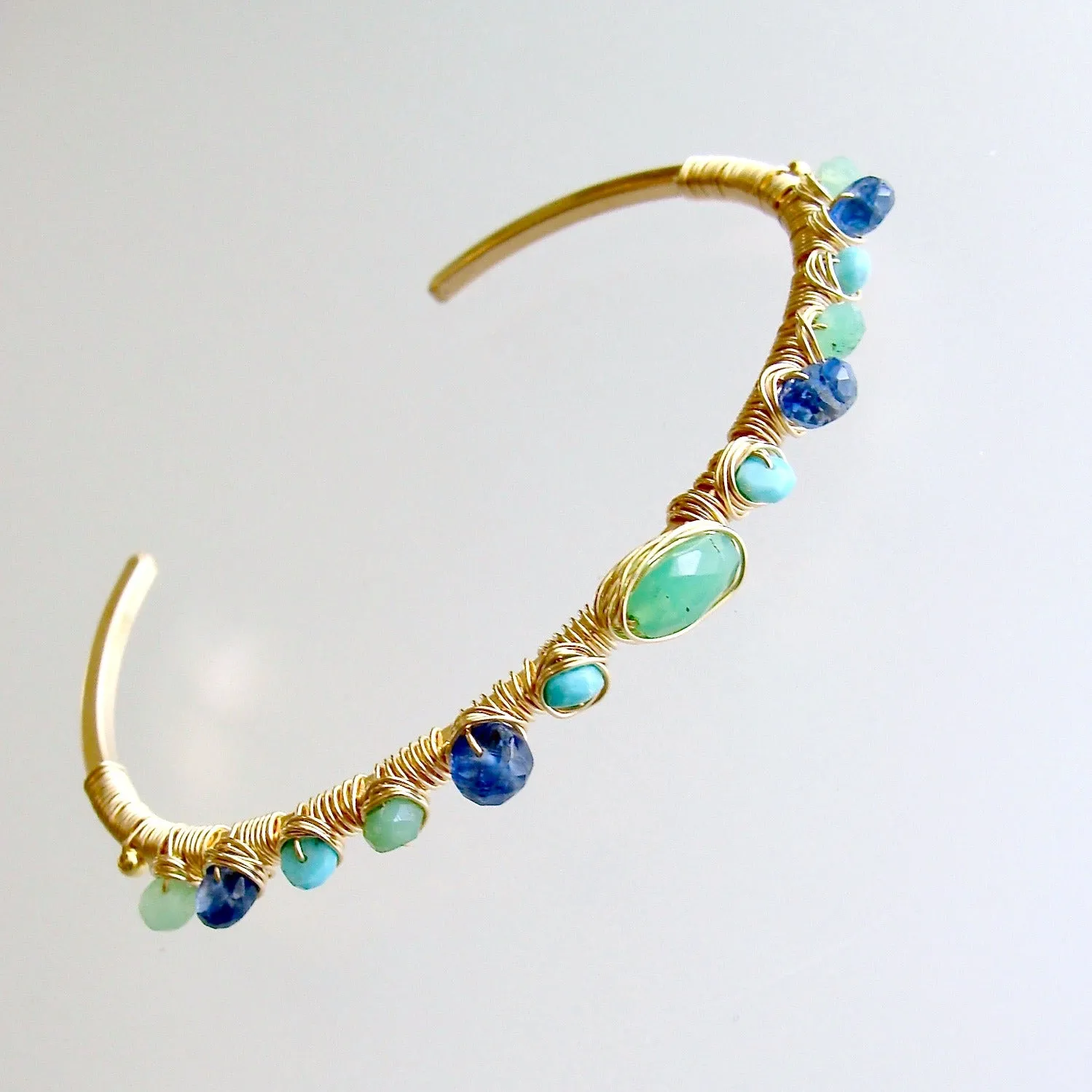 Chrysoprase Turquoise Kyanite Hand Wrapped Cuff Bracelet - Morgaine Stacking Bracelet