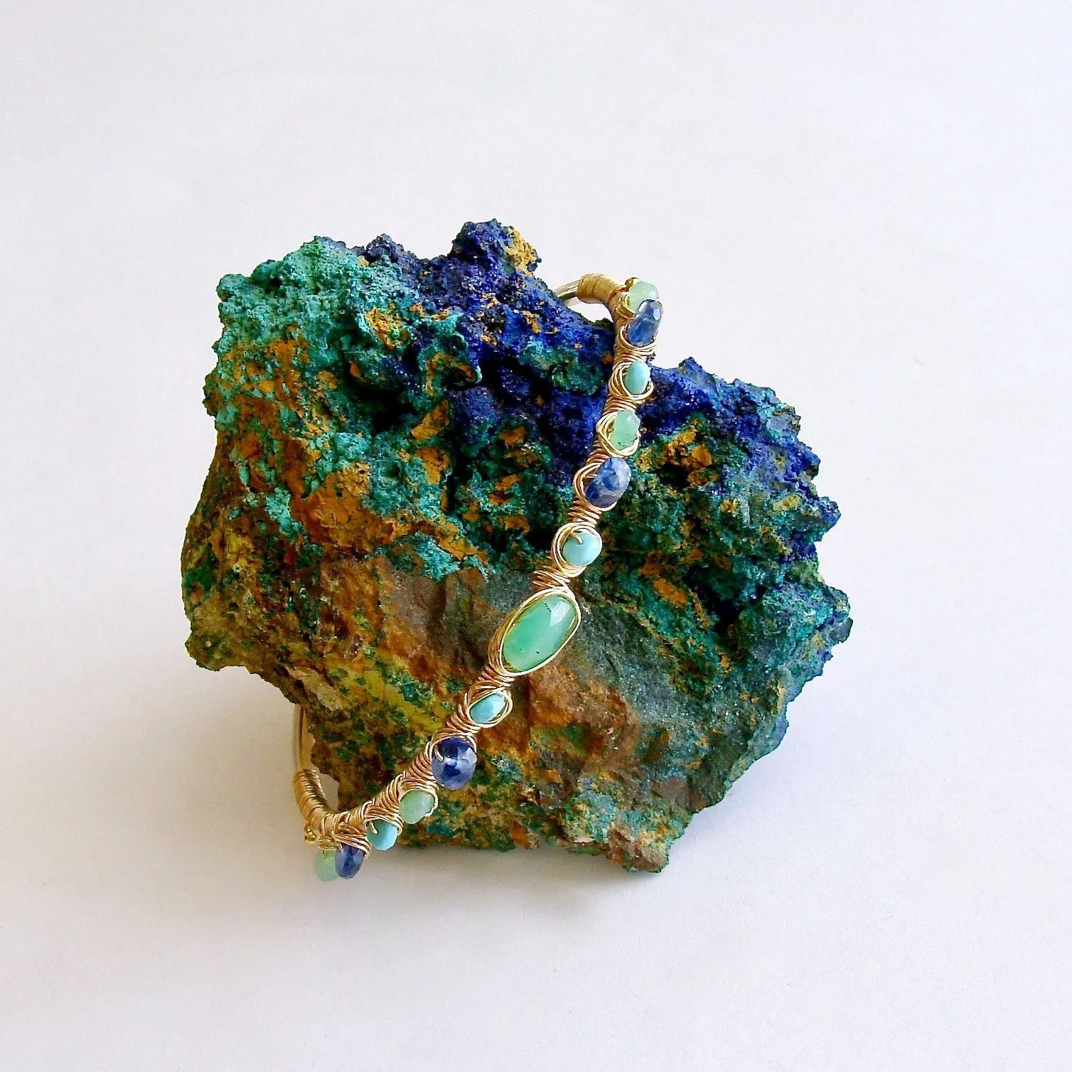 Chrysoprase Turquoise Kyanite Hand Wrapped Cuff Bracelet - Morgaine Stacking Bracelet