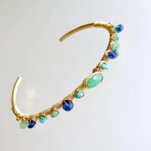 Chrysoprase Turquoise Kyanite Hand Wrapped Cuff Bracelet - Morgaine Stacking Bracelet