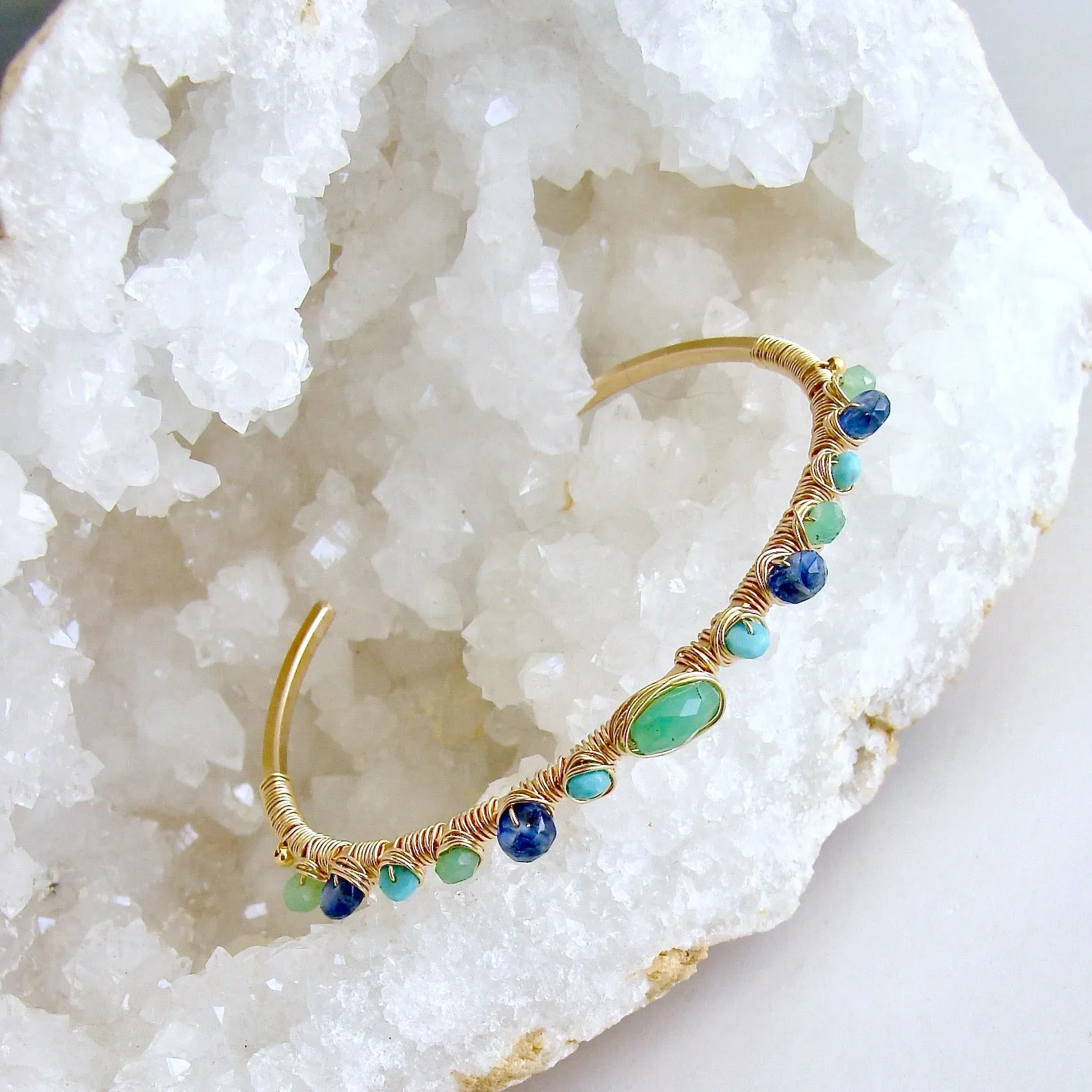 Chrysoprase Turquoise Kyanite Hand Wrapped Cuff Bracelet - Morgaine Stacking Bracelet