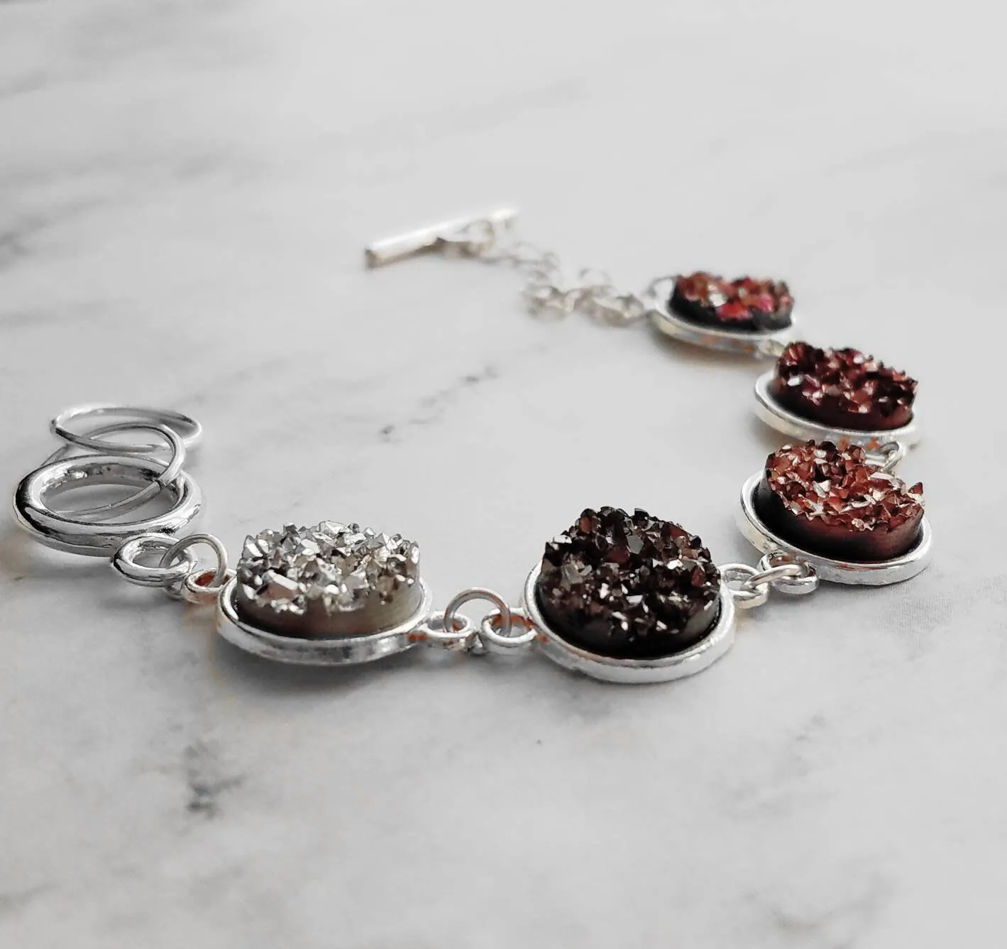 Chunky Rock Bracelet - faux drusy stones in ombre hues - rough jagged metallic silver, rose gold, burgundy, rainbow magenta, gunmetal pewter