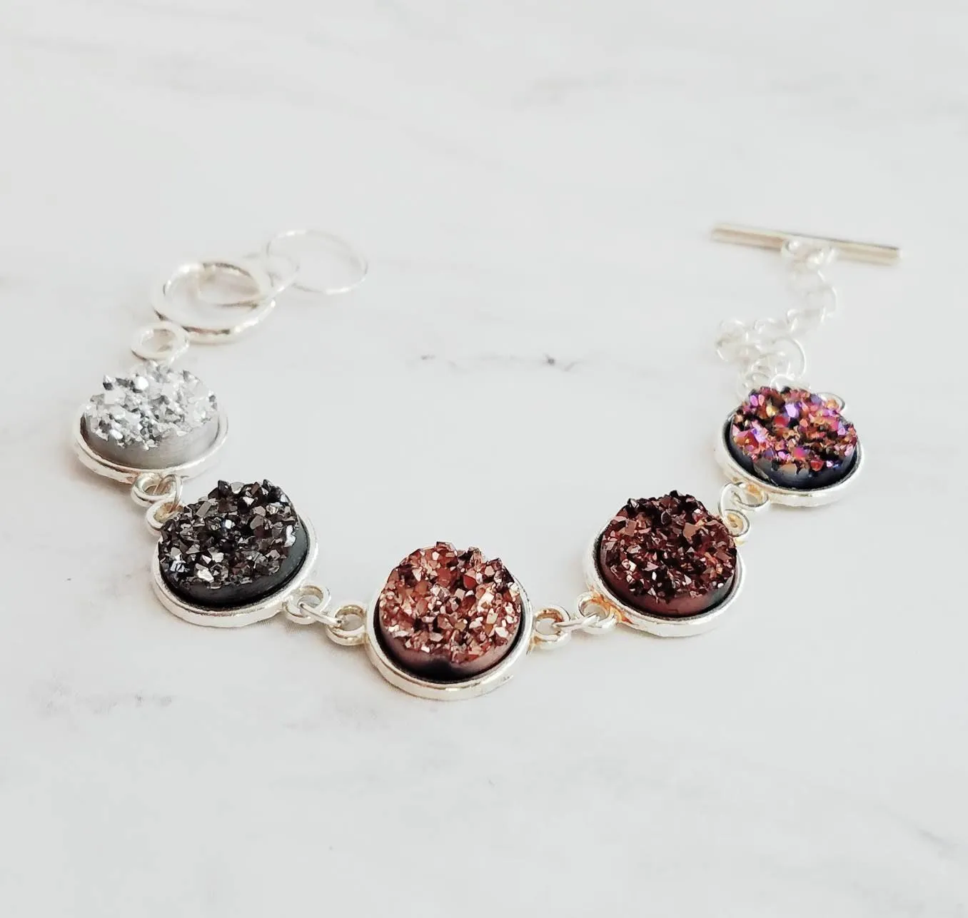 Chunky Rock Bracelet - faux drusy stones in ombre hues - rough jagged metallic silver, rose gold, burgundy, rainbow magenta, gunmetal pewter