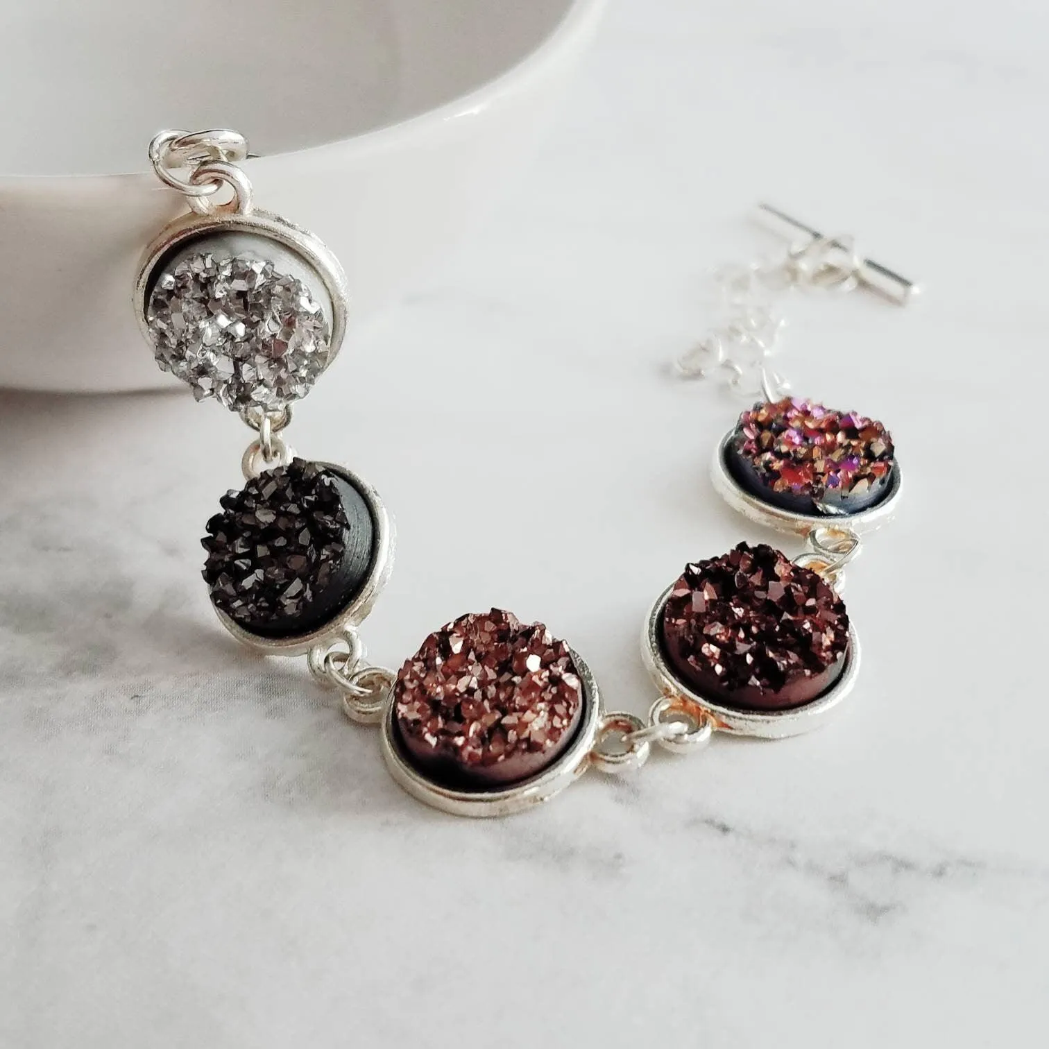 Chunky Rock Bracelet - faux drusy stones in ombre hues - rough jagged metallic silver, rose gold, burgundy, rainbow magenta, gunmetal pewter