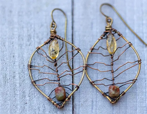 Citrine & Autumn Jasper Leaf Earrings | Handcrafted with Antiqued Copper & Brass