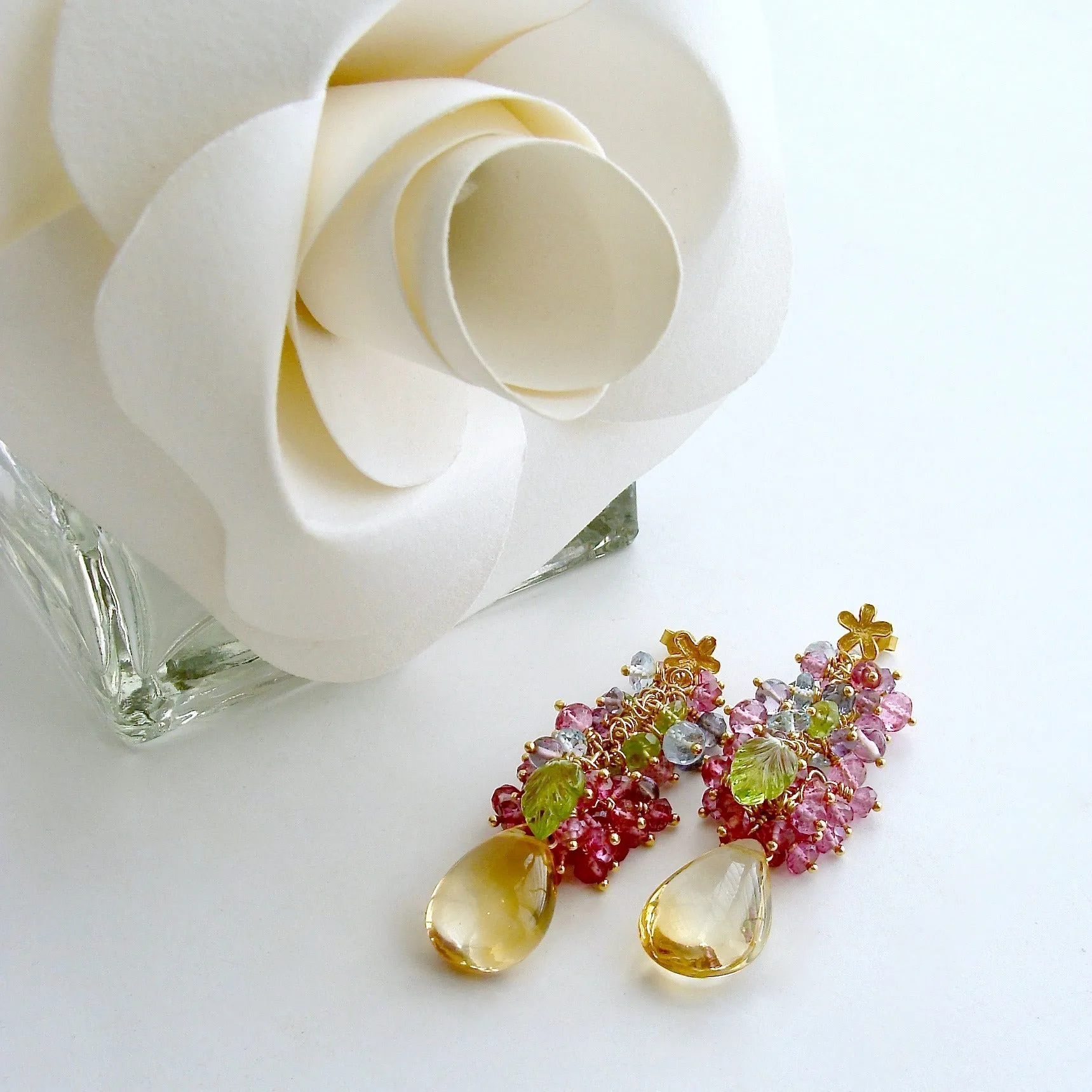 Citrine, Blue Topaz, Pink Topaz, Amethyst, Peridot and Iolite Cluster Earrings - Fleur II Earrings