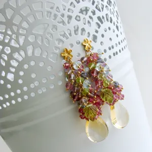 Citrine, Blue Topaz, Pink Topaz, Amethyst, Peridot and Iolite Cluster Earrings - Fleur II Earrings