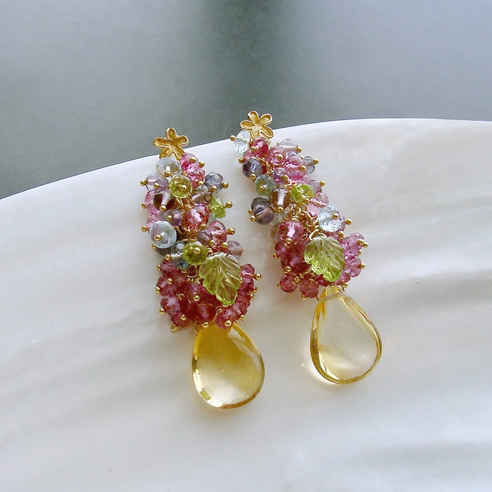 Citrine, Blue Topaz, Pink Topaz, Amethyst, Peridot and Iolite Cluster Earrings - Fleur II Earrings