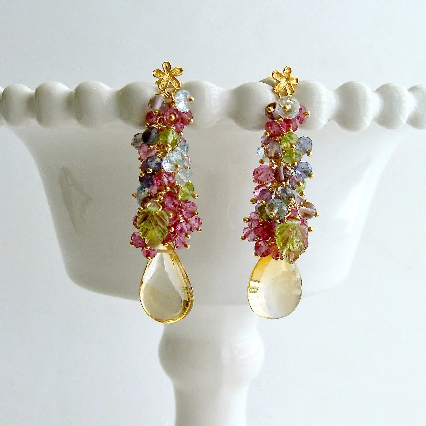 Citrine, Blue Topaz, Pink Topaz, Amethyst, Peridot and Iolite Cluster Earrings - Fleur II Earrings