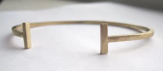 Classic Hand-Made Square Brass Adjustable Open Cuff Bracelet with Barbell Cuffs - 0041