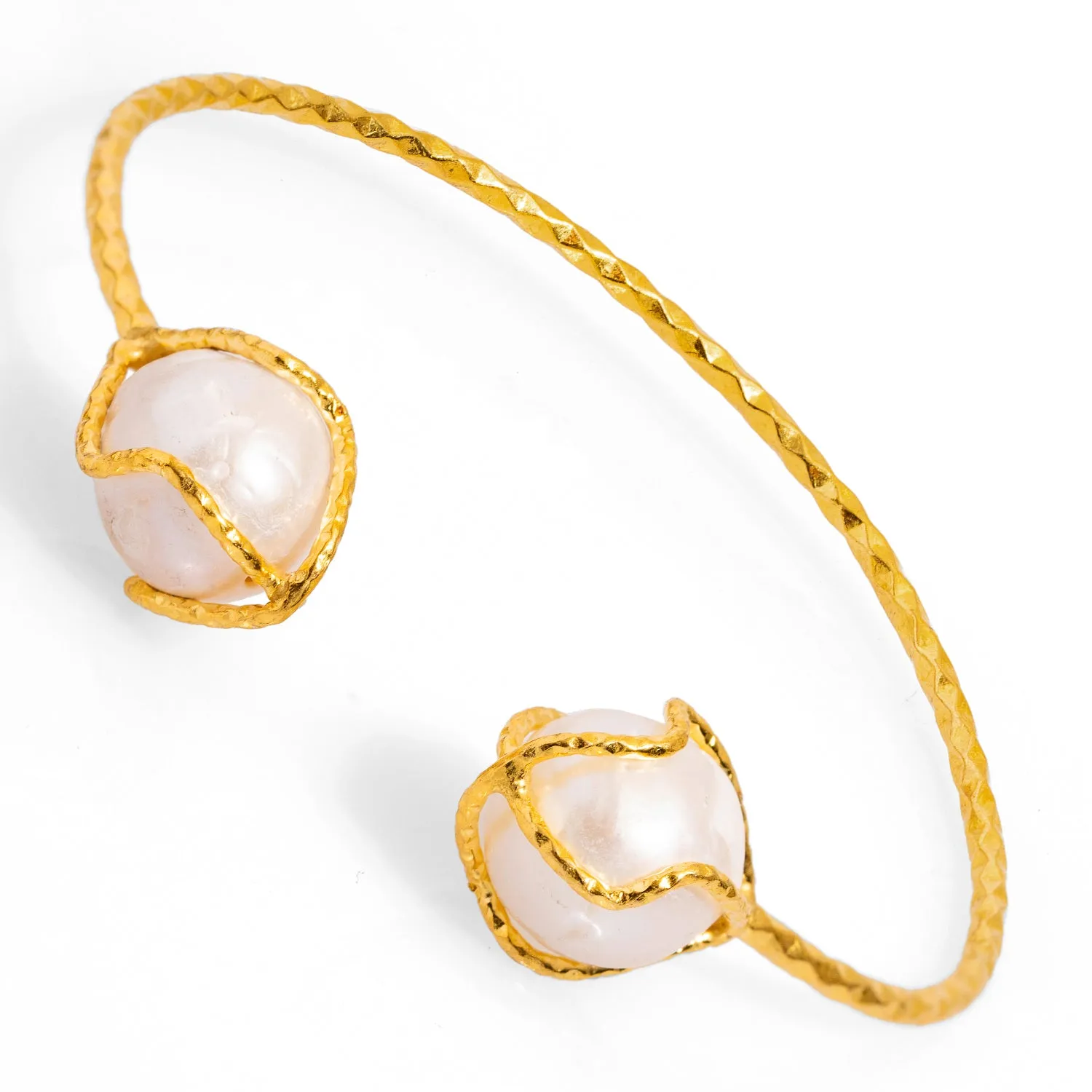 Cleopatra Double Pearl Design Gold Cuff Bracelet
