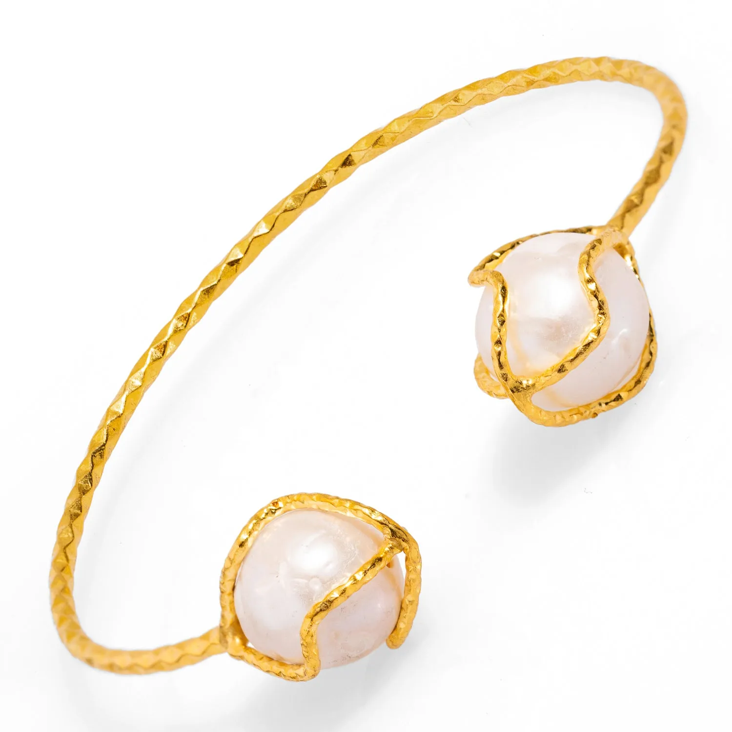 Cleopatra Double Pearl Design Gold Cuff Bracelet