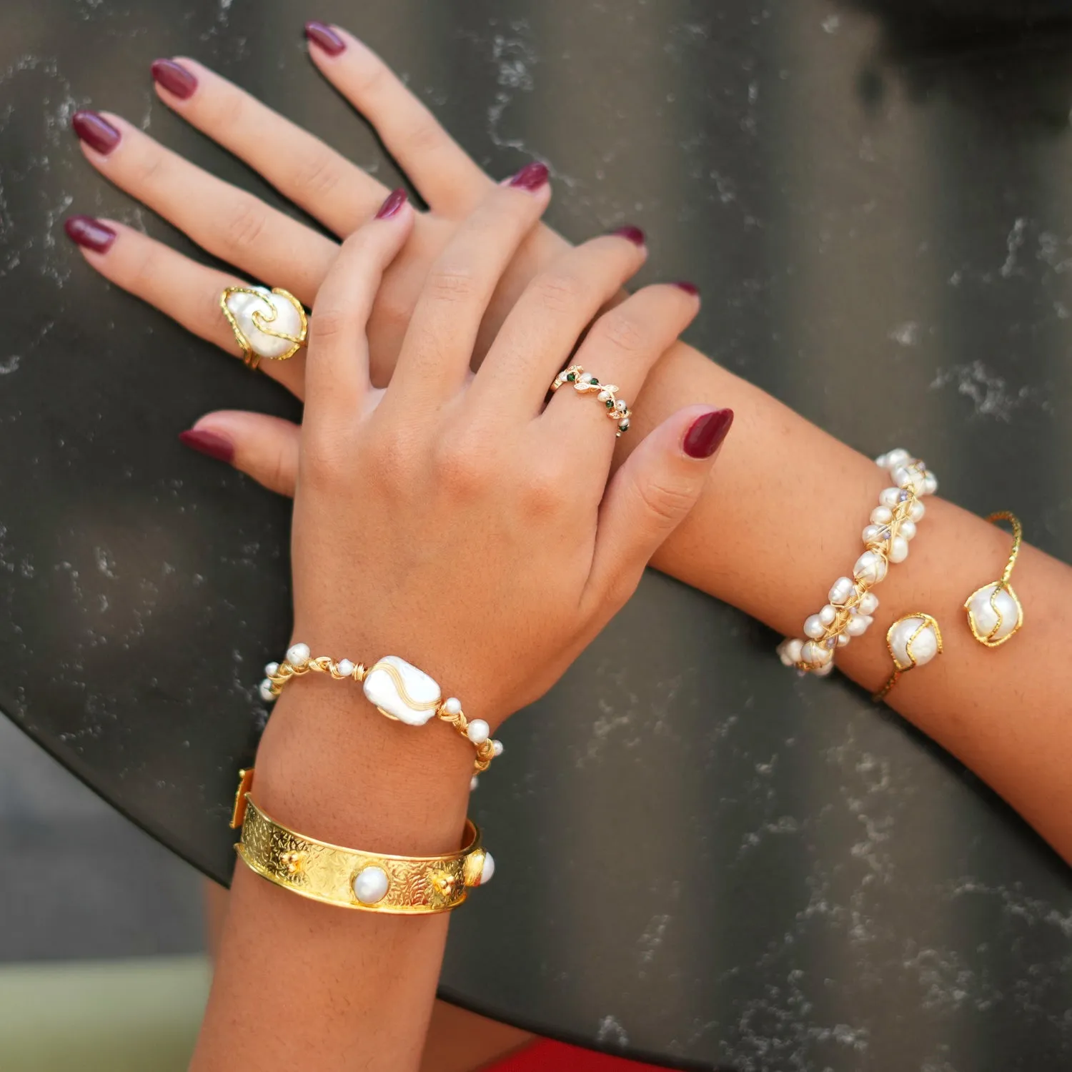 Cleopatra Double Pearl Design Gold Cuff Bracelet