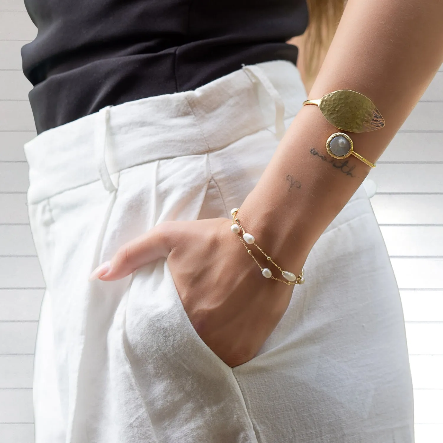 Cleopatra Gold Leaf & Pearl Stone Cuff Bracelet