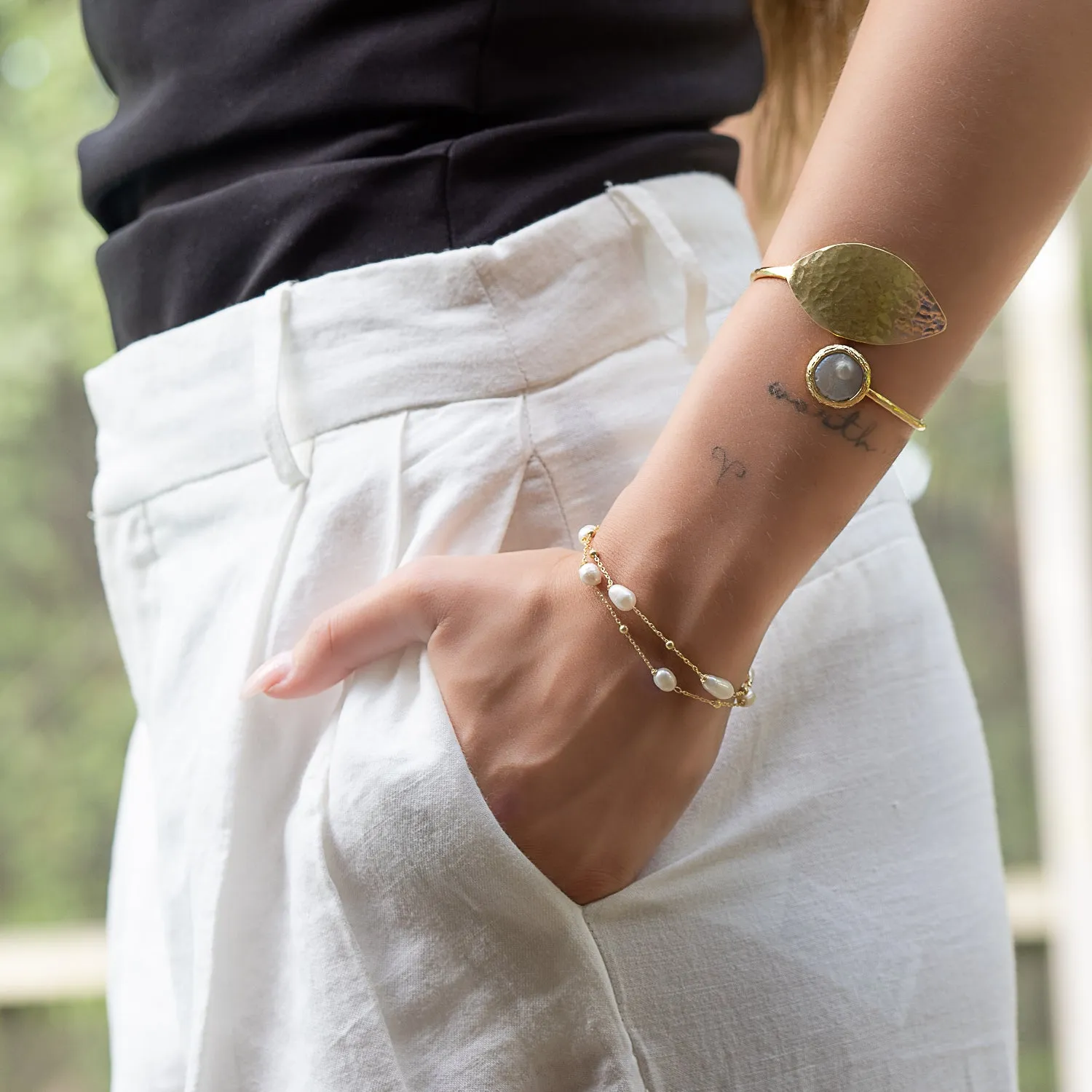 Cleopatra Gold Leaf & Pearl Stone Cuff Bracelet