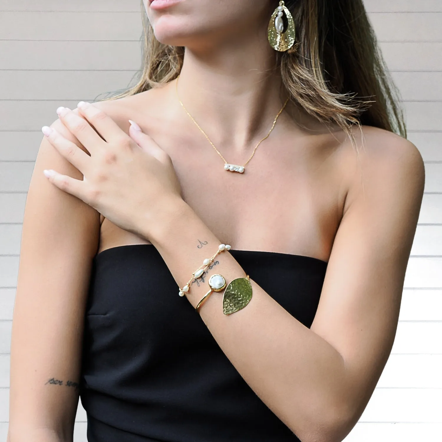 Cleopatra Gold Leaf & Pearl Stone Cuff Bracelet
