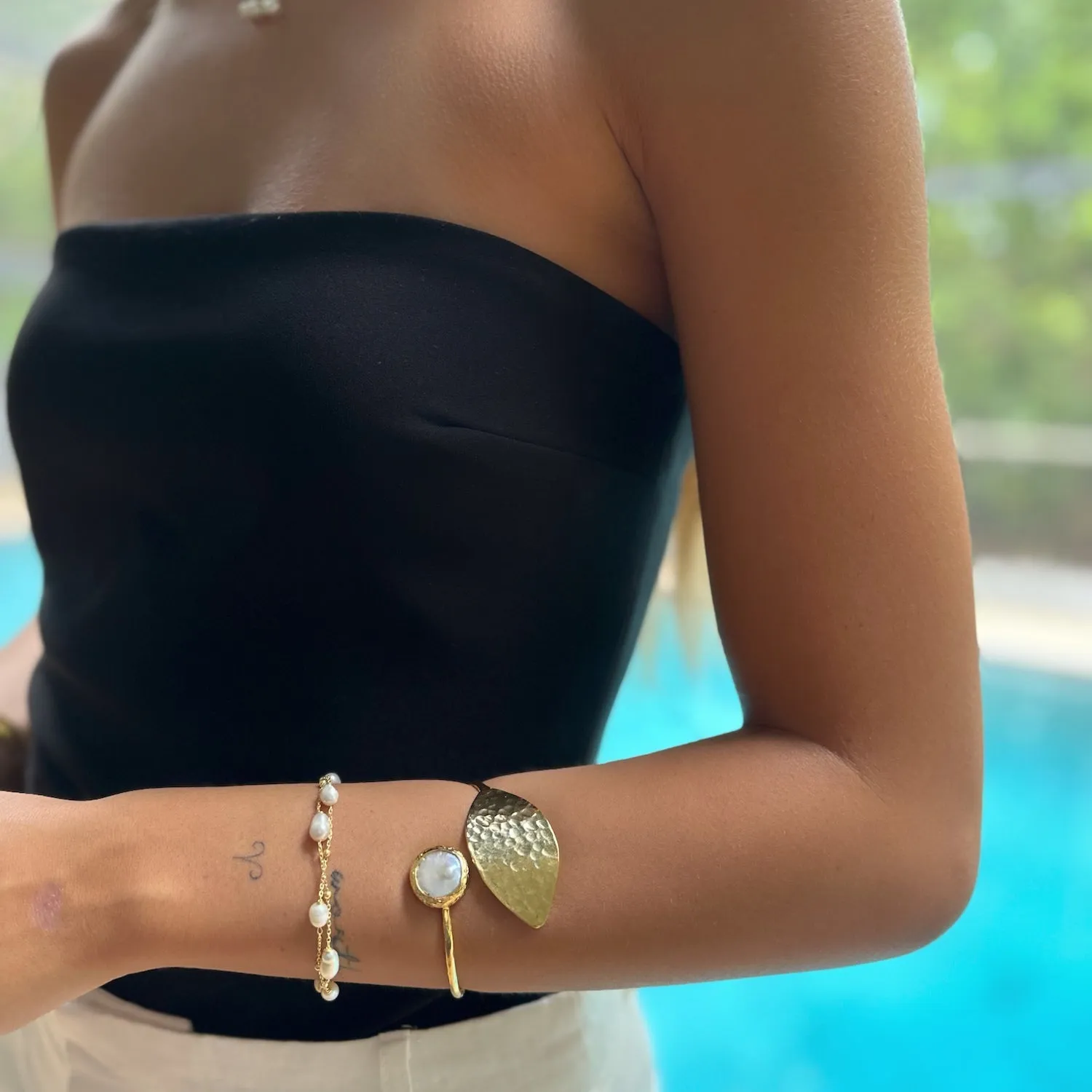 Cleopatra Gold Leaf & Pearl Stone Cuff Bracelet
