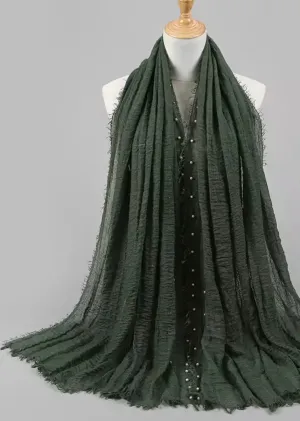 Crinkle Cotton Hijab with Pearl-Army Green