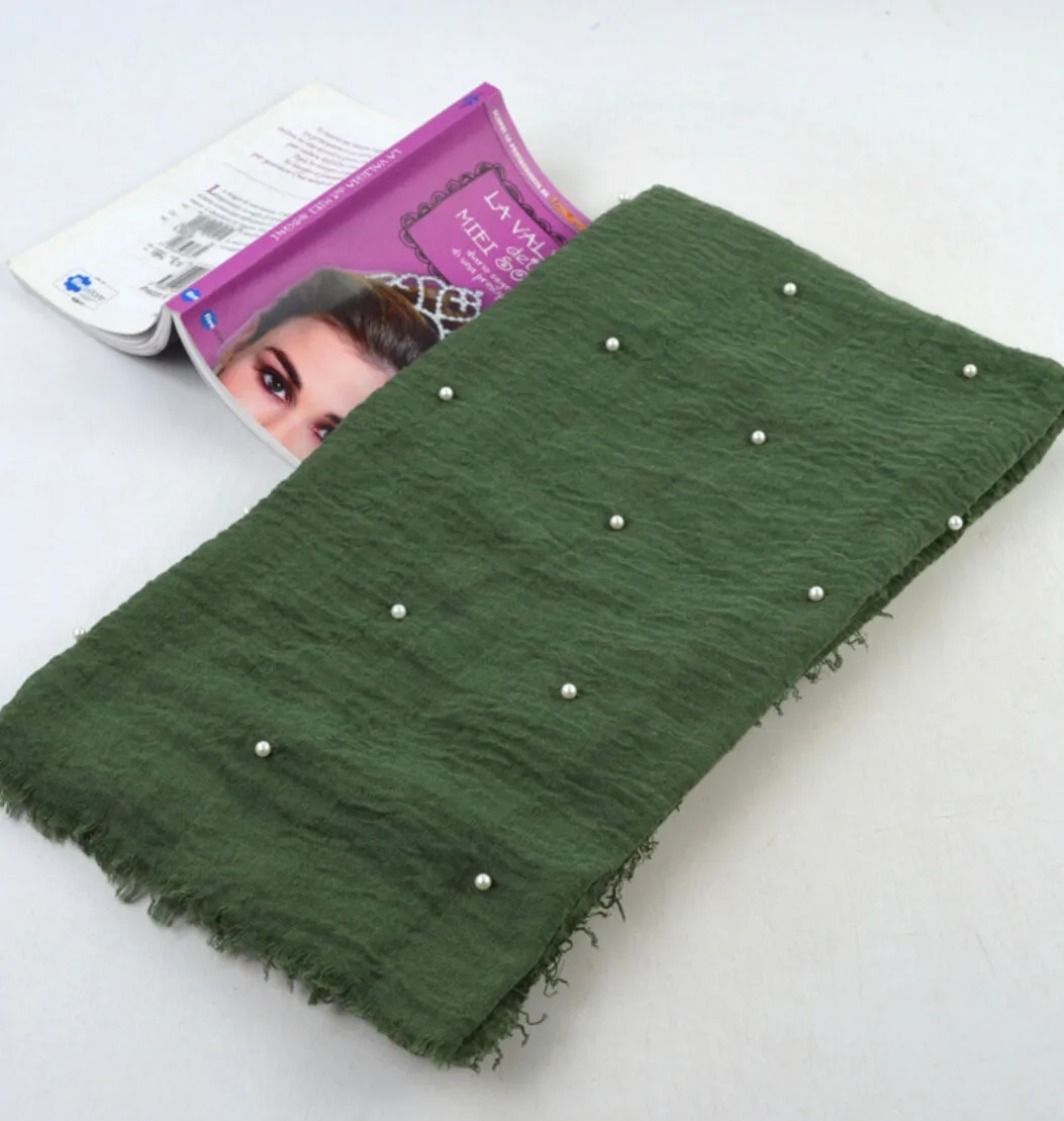 Crinkle Cotton Hijab with Pearl-Army Green