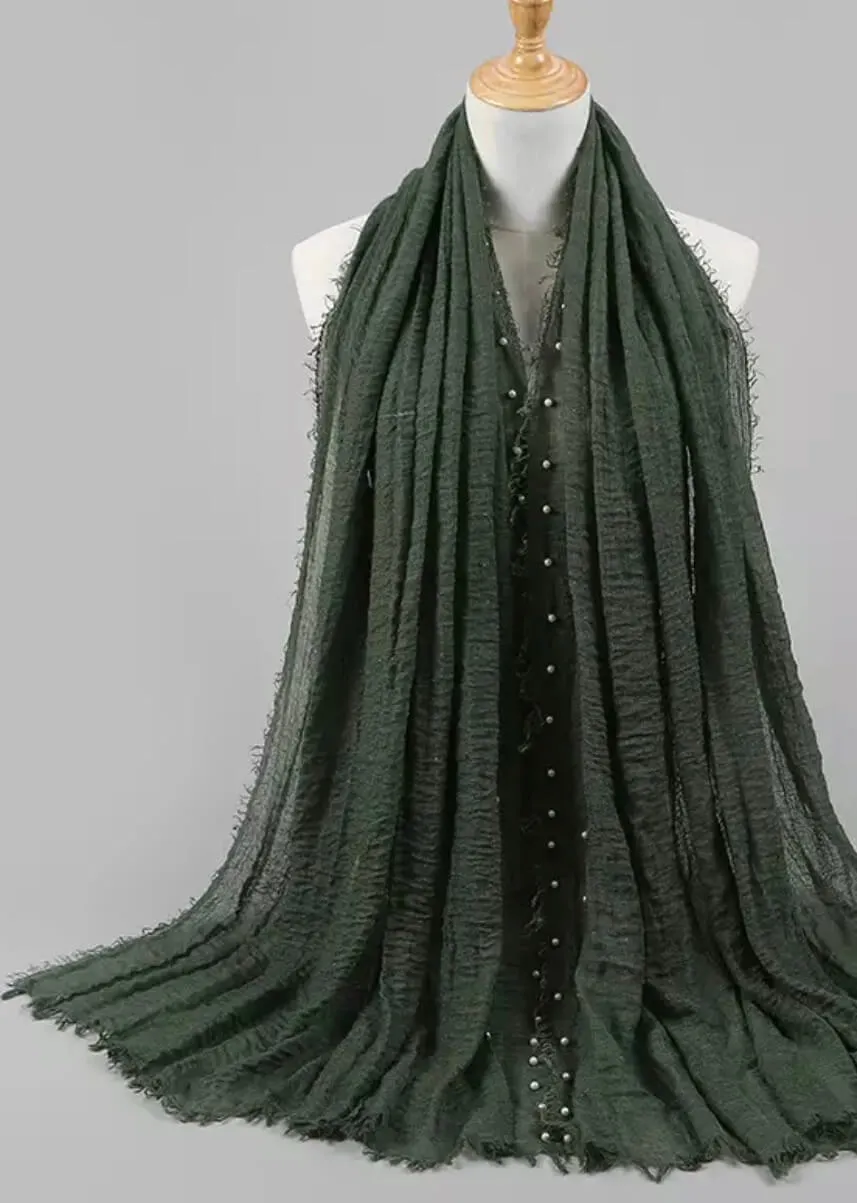 Crinkle Cotton Hijab with Pearl-Army Green