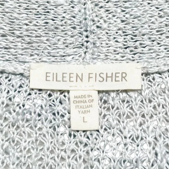 EILEEN FISHER Linen-Blend Open Knit Short-Sleeve Cardigan Light Gray Size L