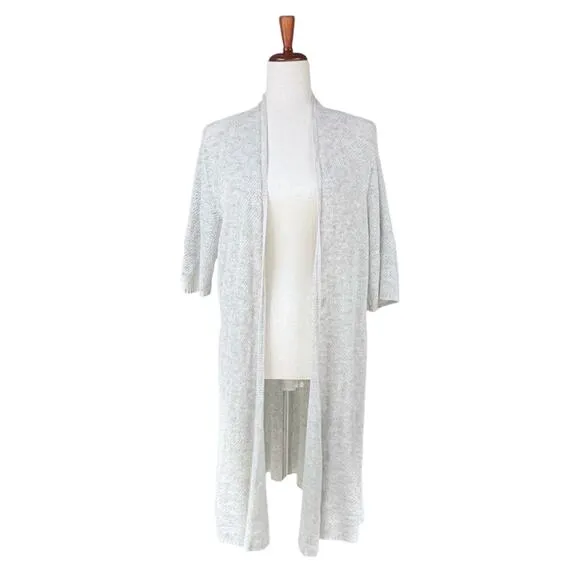 EILEEN FISHER Linen-Blend Open Knit Short-Sleeve Cardigan Light Gray Size L